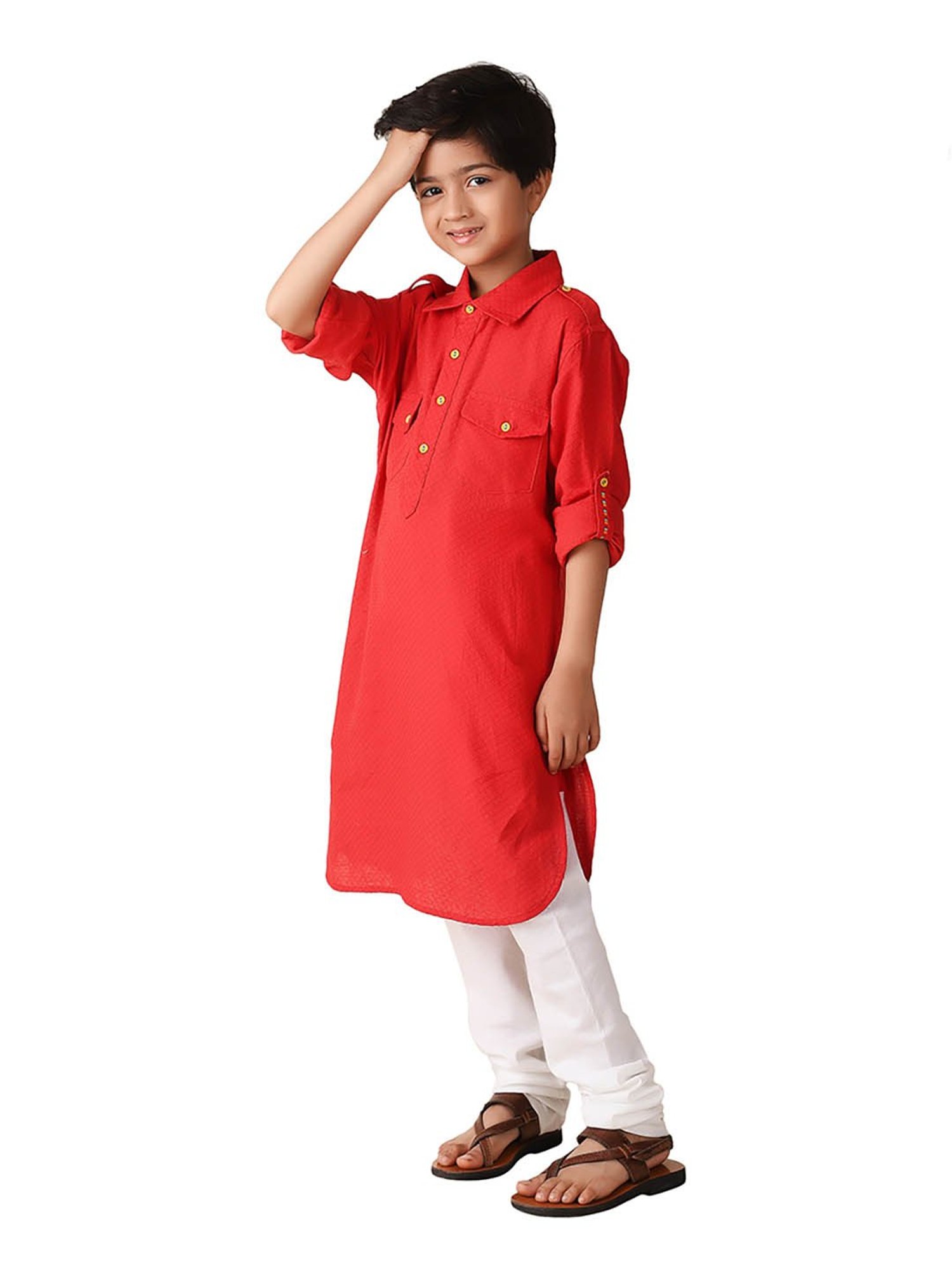 Fabindia Kids Red Solid Full Sleeves Kurta