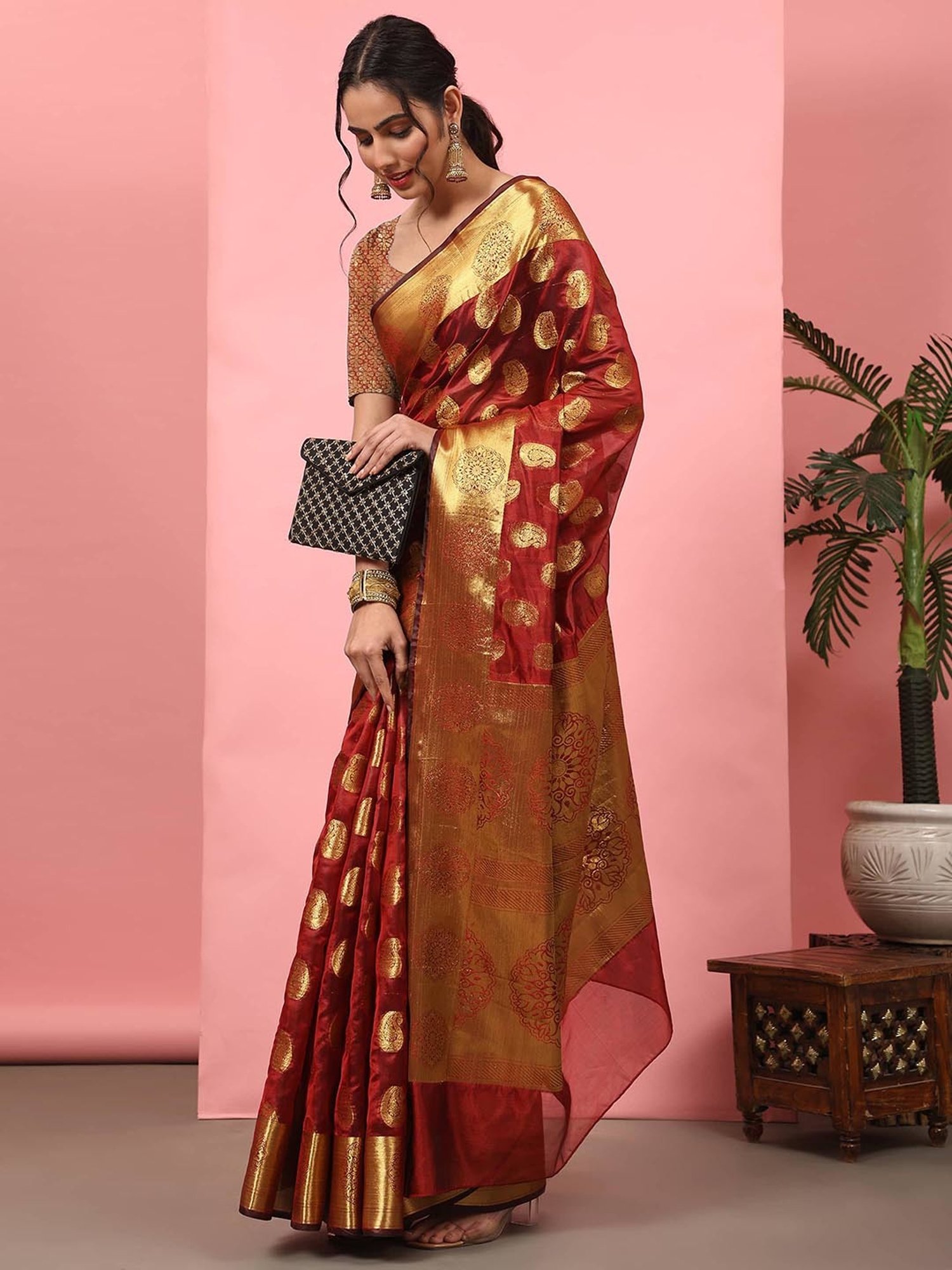 Silk Land Banarasi Silk Maroon Woven Saree With Blouse