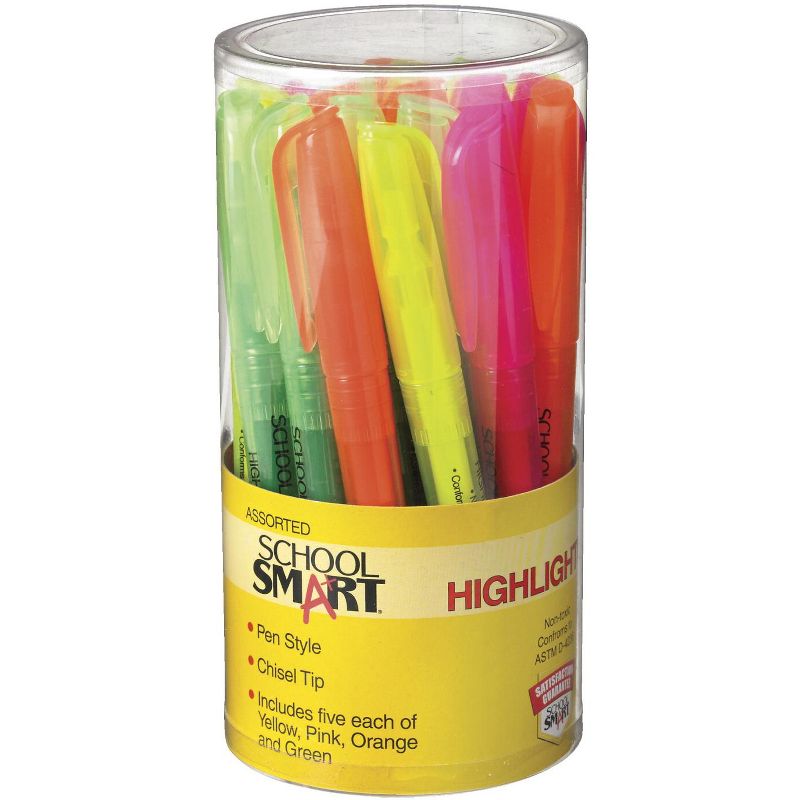 School Smart Highlighter, Chisel Tip, Assorted Colors, pk of 20