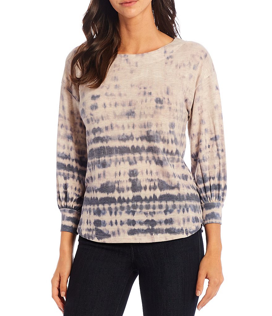 Democracy Tie Dye Placement Print Boat Neck 3/4 Blouson Sleeve Knit Top