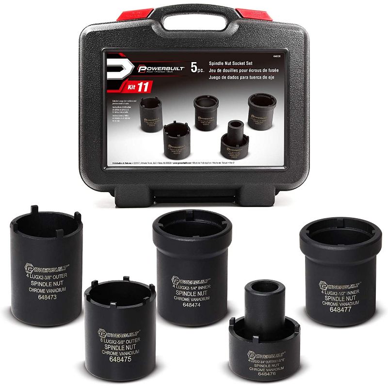 Powerbuilt 648636 Universal Heavy Duty Automotive 5 Piece Spindle Nut Socket Kit with Carrying Case
