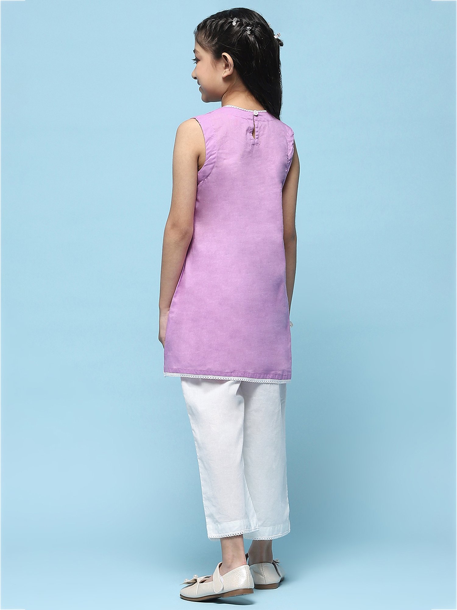 BIBA Girls Purple & White Embroidered Kurta with Plazzos