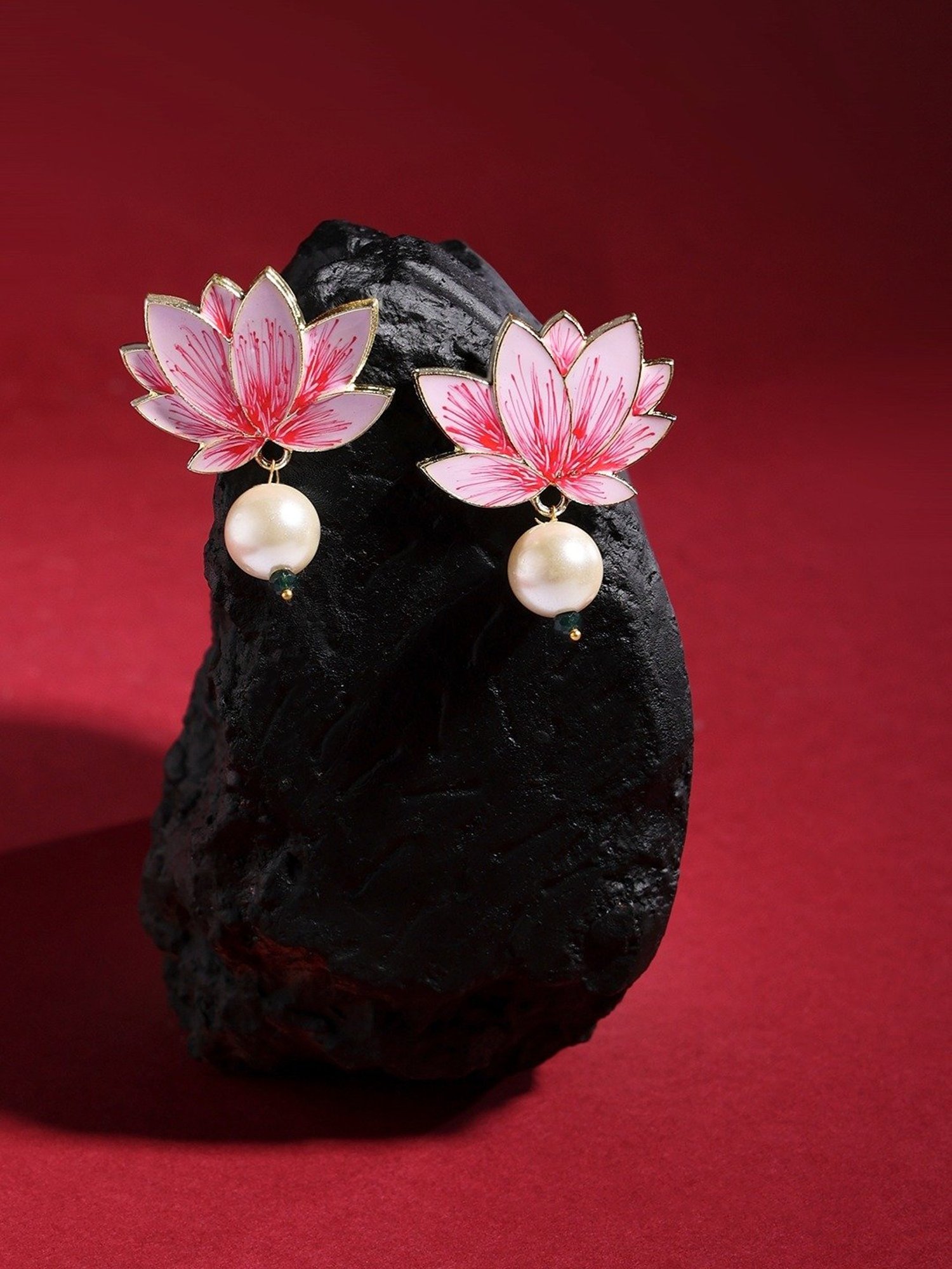 Zaveri Pearls Pink Meenakari Flower Pearl Drop Earrings-ZPFK15562