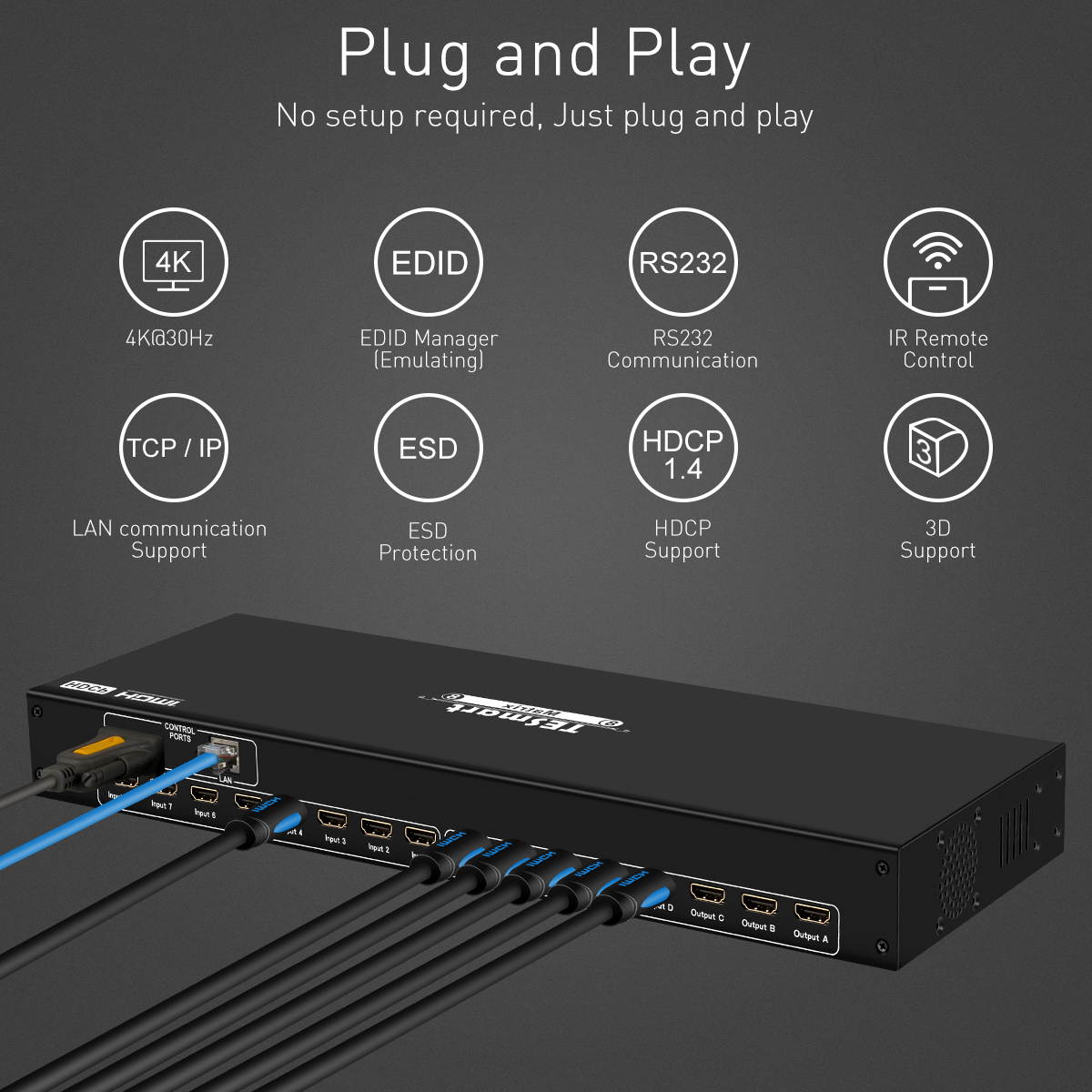 TESmart Rack Mount Ultra HD 4K HDMI 8X8 Matrix Switcher Supports 4Kx2K@30HZ,1080P@60Hz,3D&Deep Color,LAN Port Control
