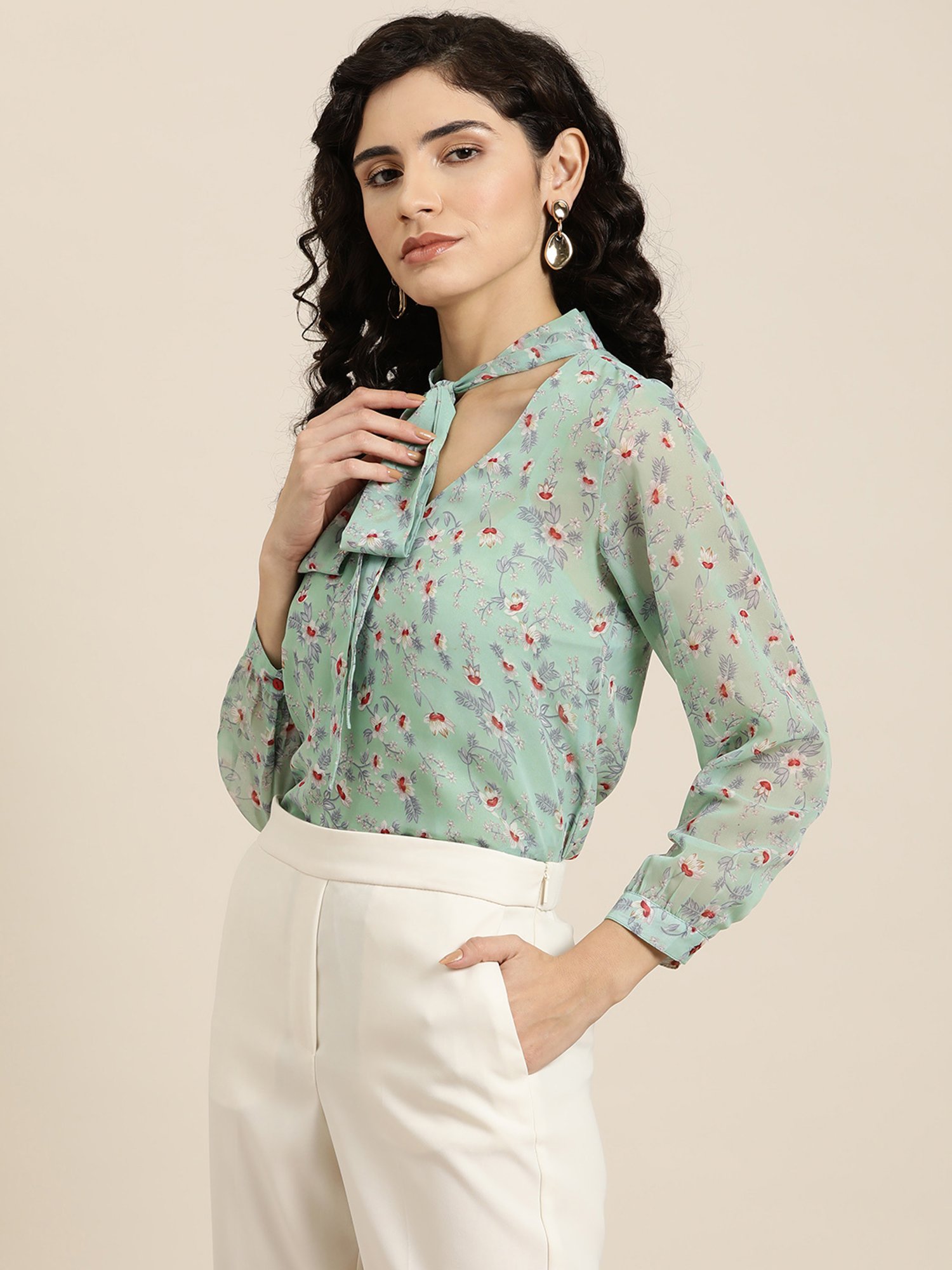 Qurvii Sea Green Floral Print Top