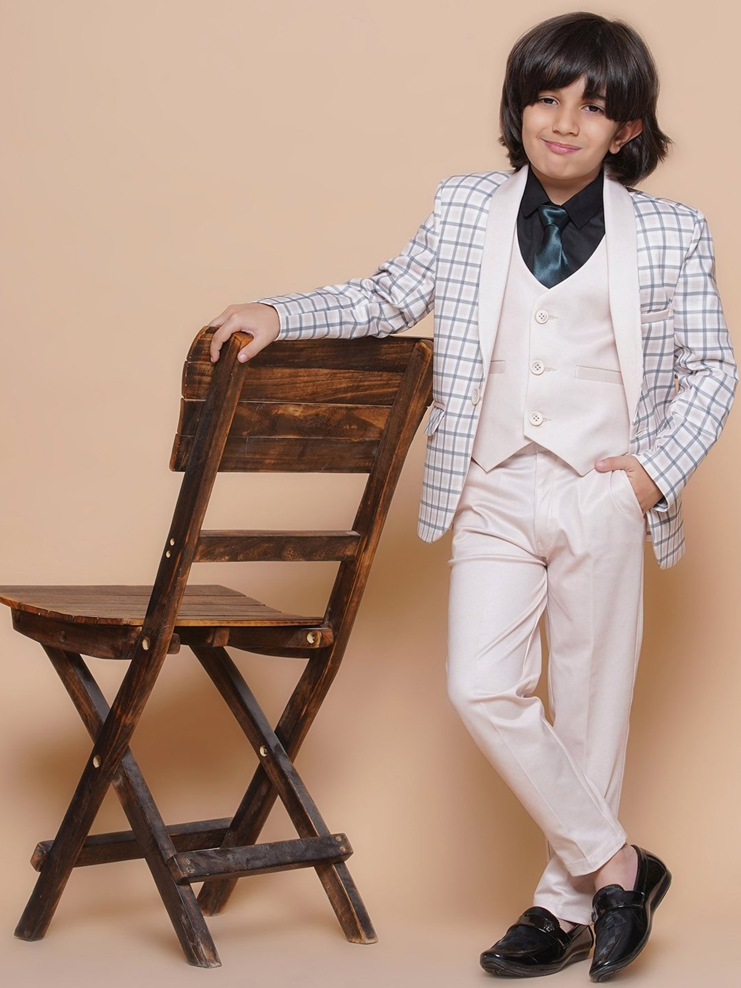 AJ Dezines Kids Sky Blue & Black Solid Full Sleeves Shirt, Pants, Coat, Waistcoat with Tie