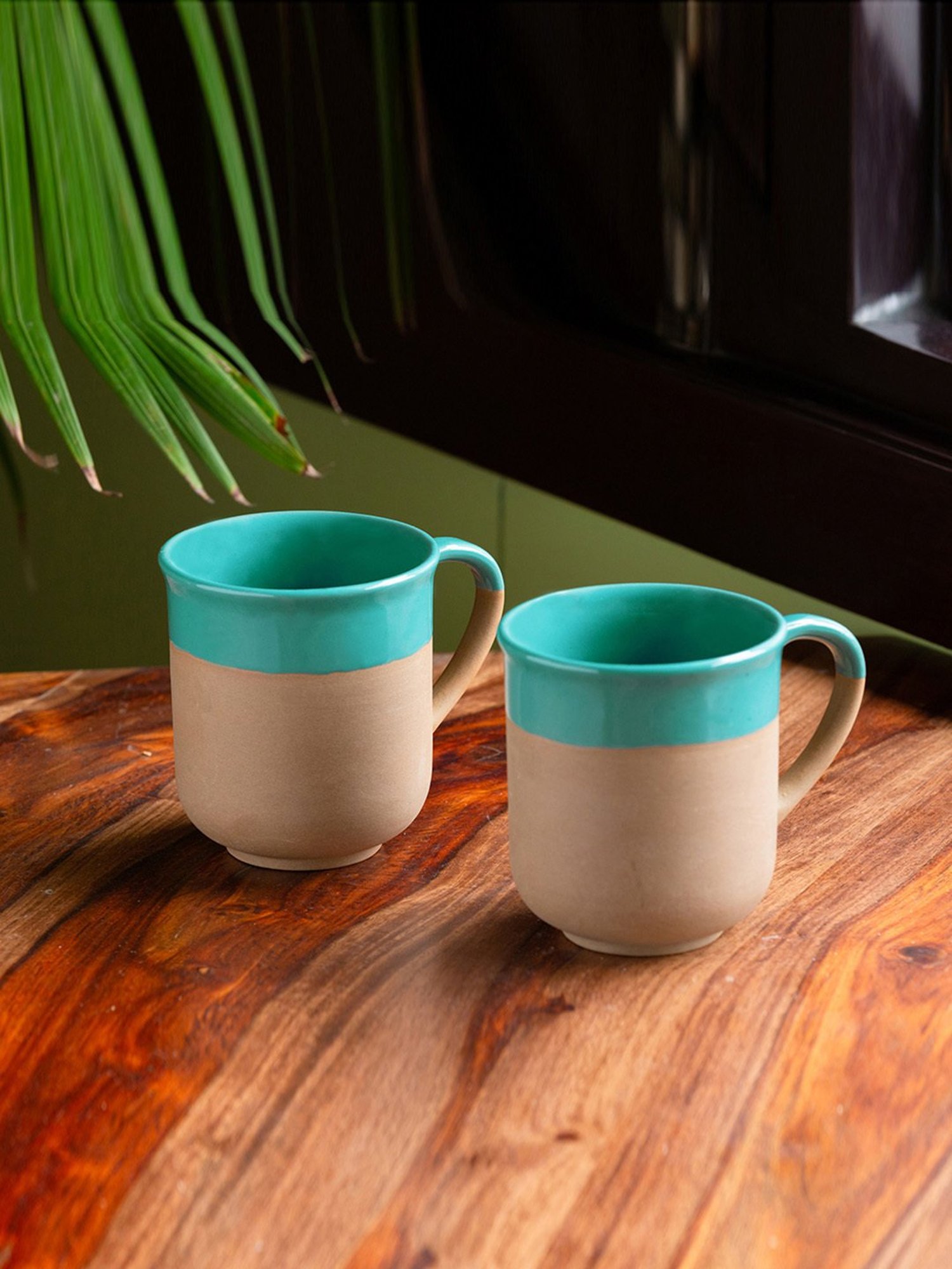 ExclusiveLane Turquoise Blue & Earthen Brown Ceramic Coffee Mugs - Set of 6 (360ml)