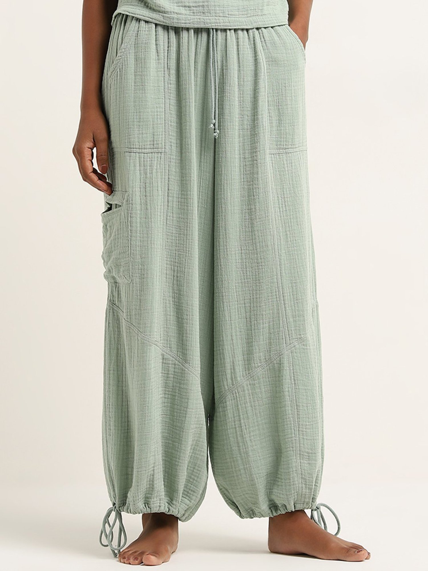 Superstar by Westside Light Sage Textured Mid-Rise Cotton Harem Pants