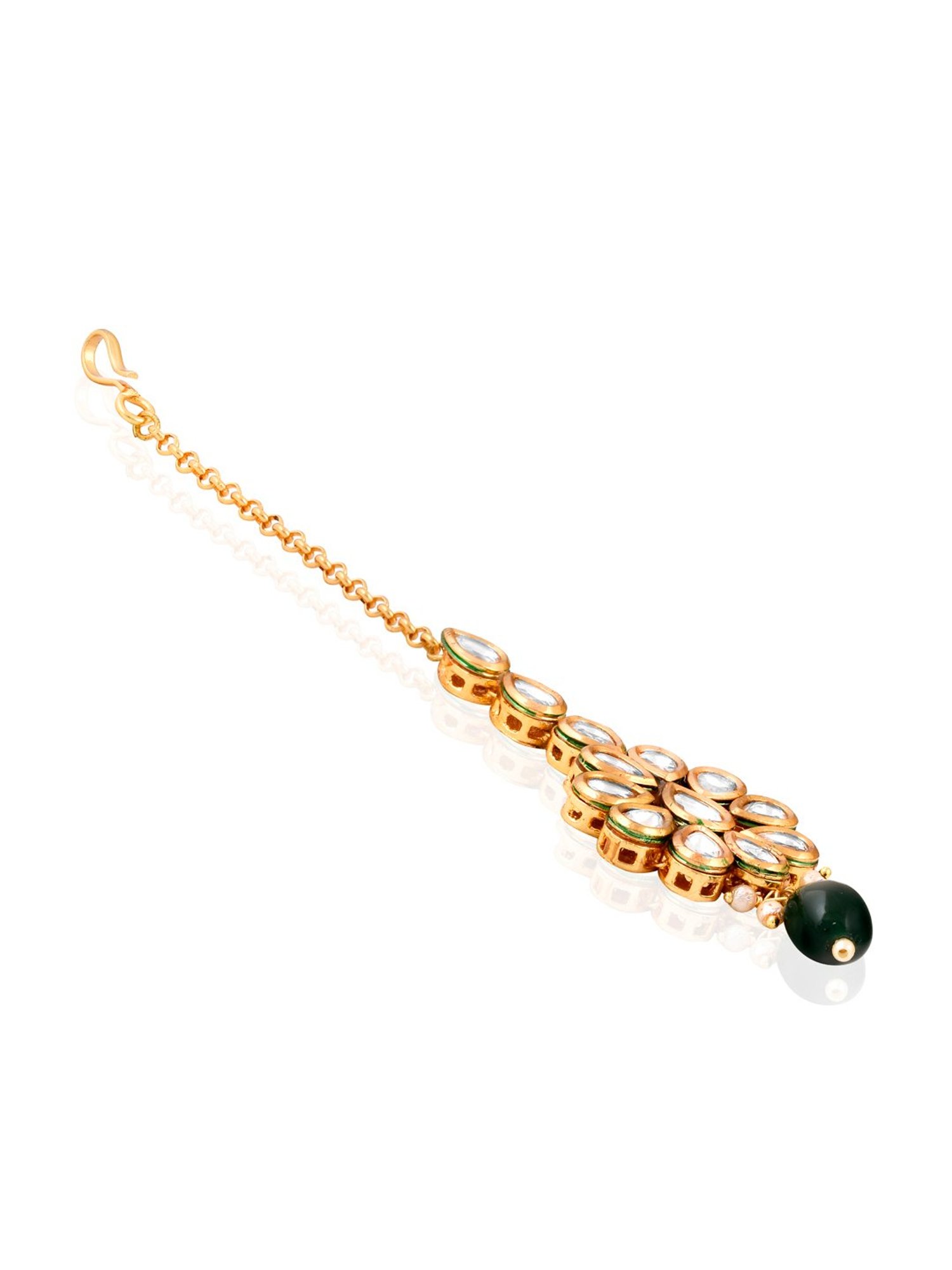 Curio Cottage Meira Kundan Green Droplet Maang Tikka for Women