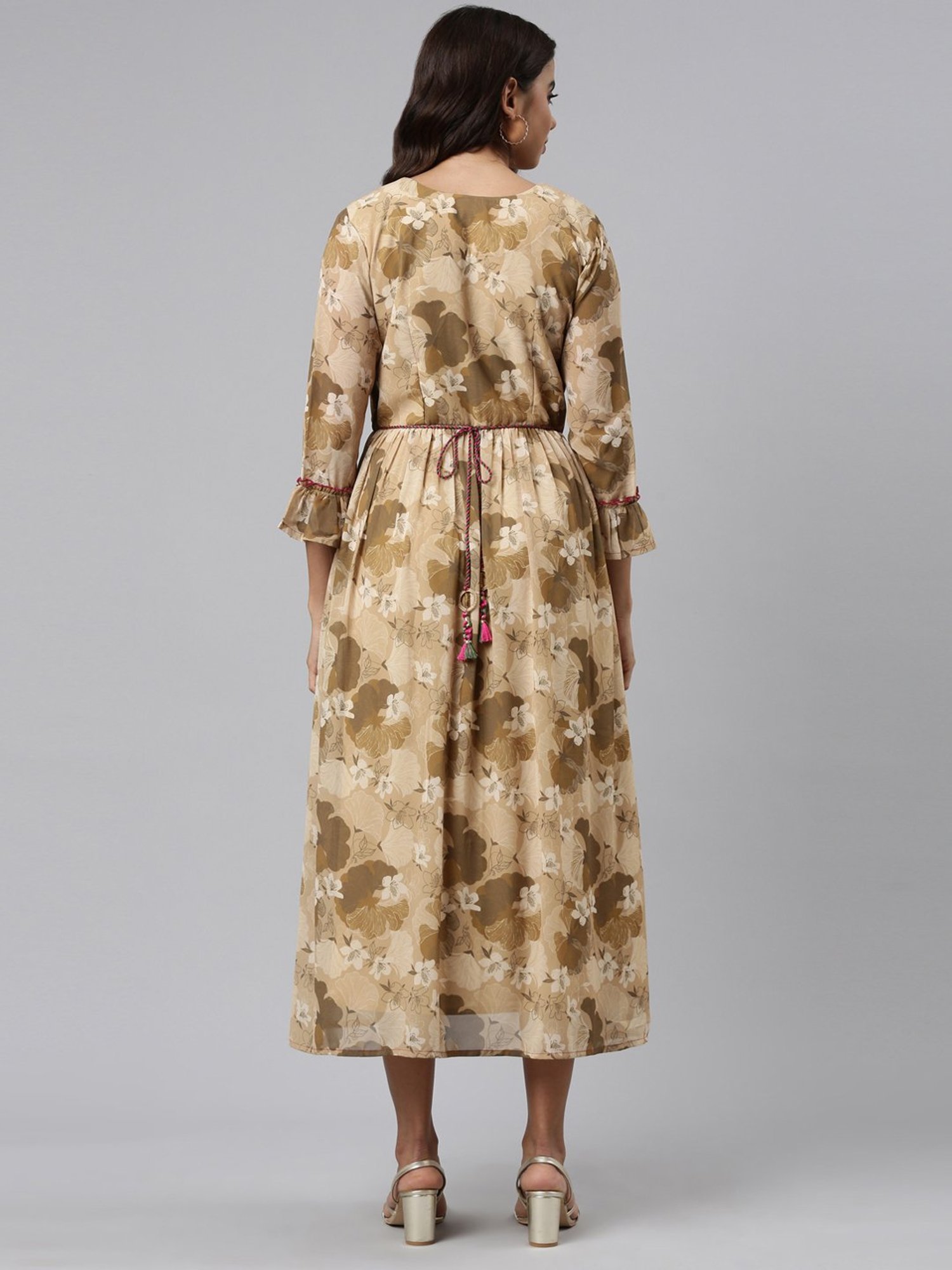 Neerus Beige Floral Print A-Line Dress