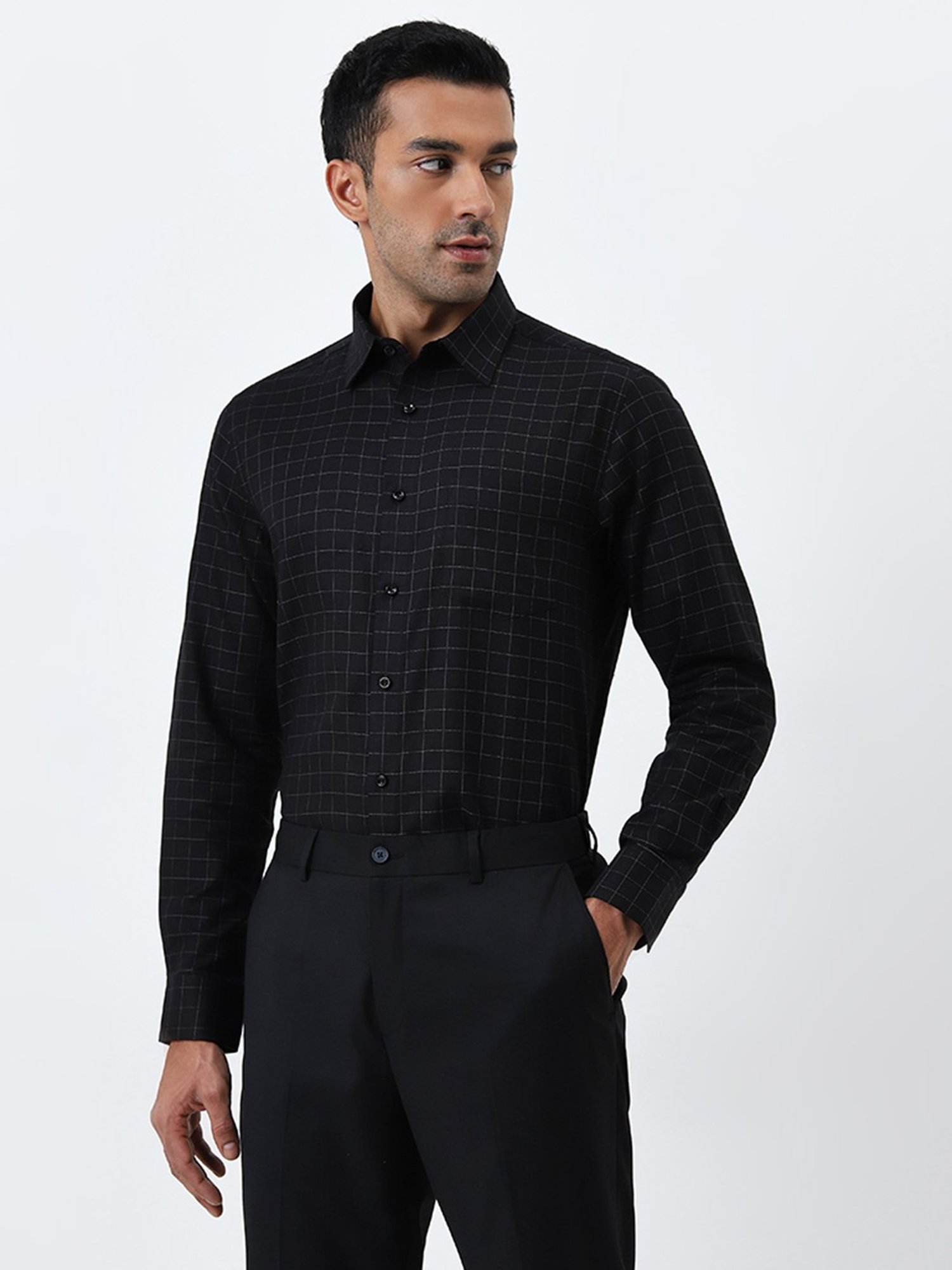 WES Formals by Westside Black Checkered Slim-Fit Cotton Shirt