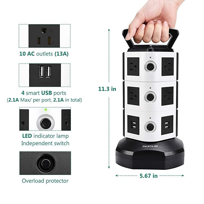 Strip Tower JACKYLED Surge Protector Electric Charging Station 3000W 13A 10 Outlets 4 USB Ports with 16AWG 65ft Heavy Duty Extension Cord for Home Office