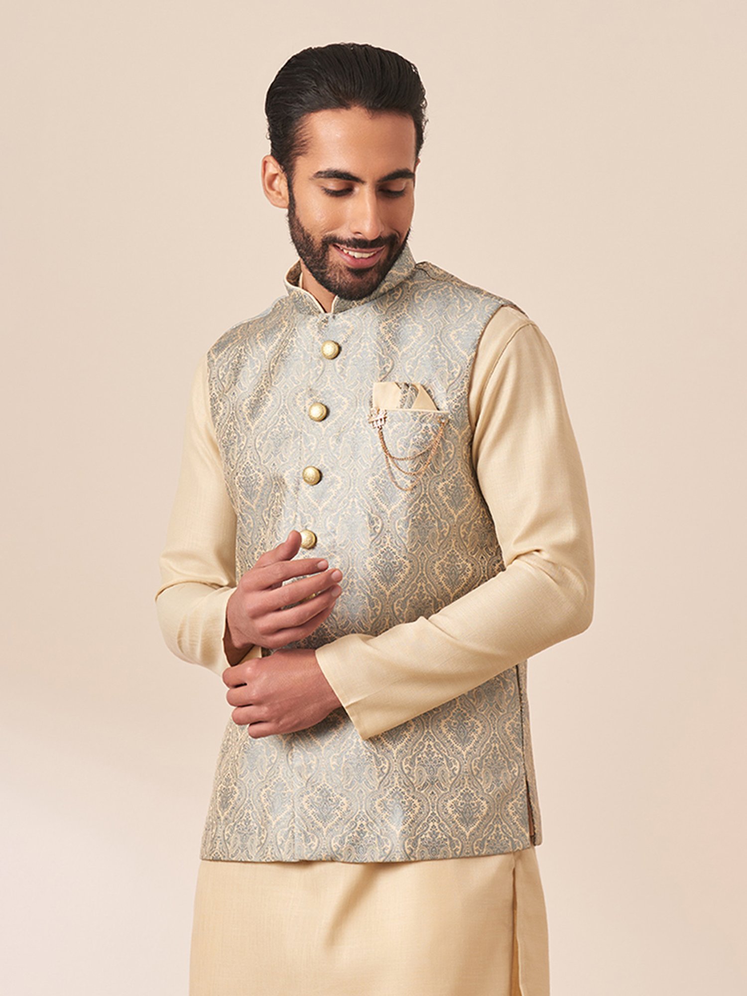 Manyavar Grey Regular Fit Printed Nehru Jacket