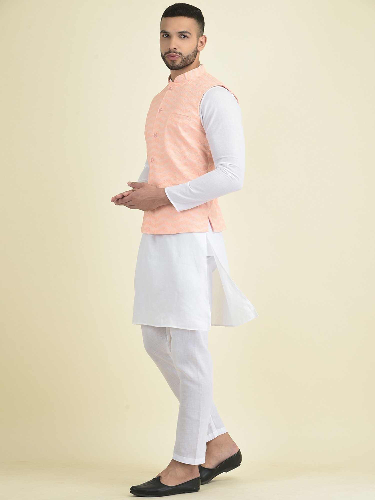 Deyann Peach & White Cotton Regular Fit Embroidered Kurta Set With Jacket