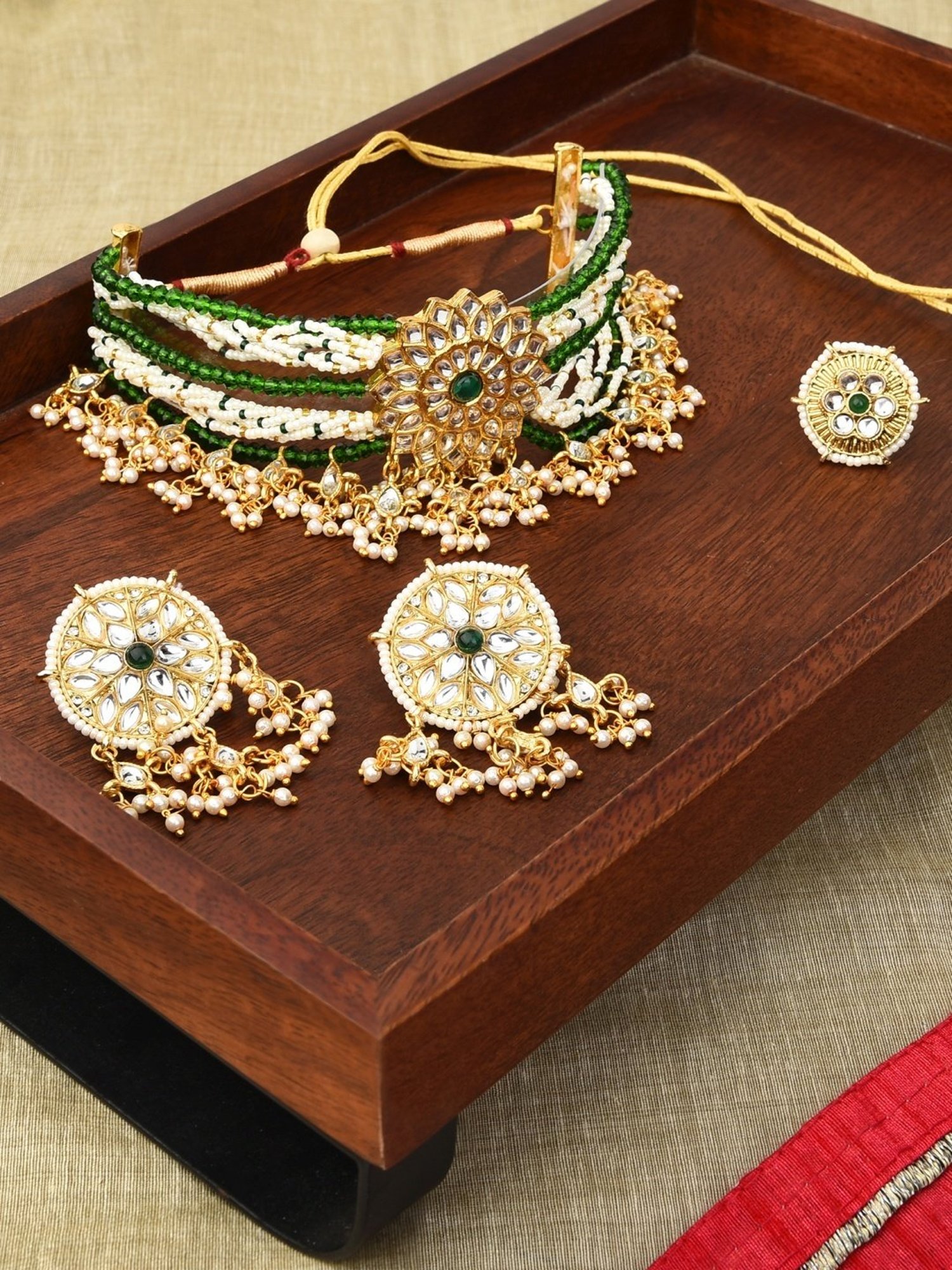 Zaveri Pearls Green Crystals Beaded Traditional Kundan Choker Necklace Earring & Ring Set-ZPFK11065
