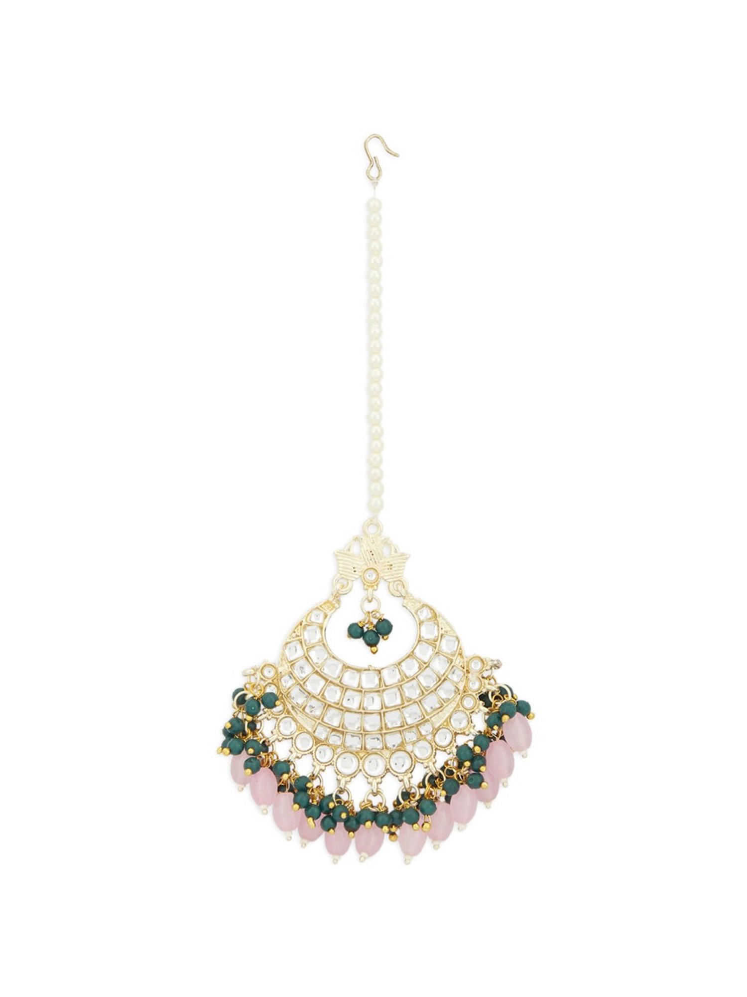 Zaveri Pearls Pink & Green Cluster Beads Drop Bridal Kundan Maangtikka-ZPFK13570