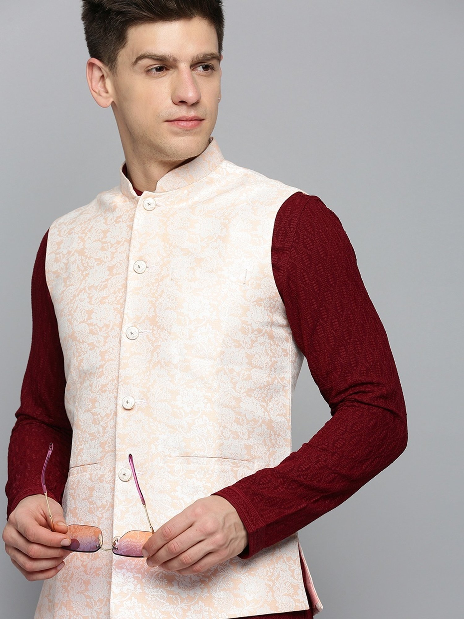 Showoff Peach Regular Fit Printed Nehru Jacket