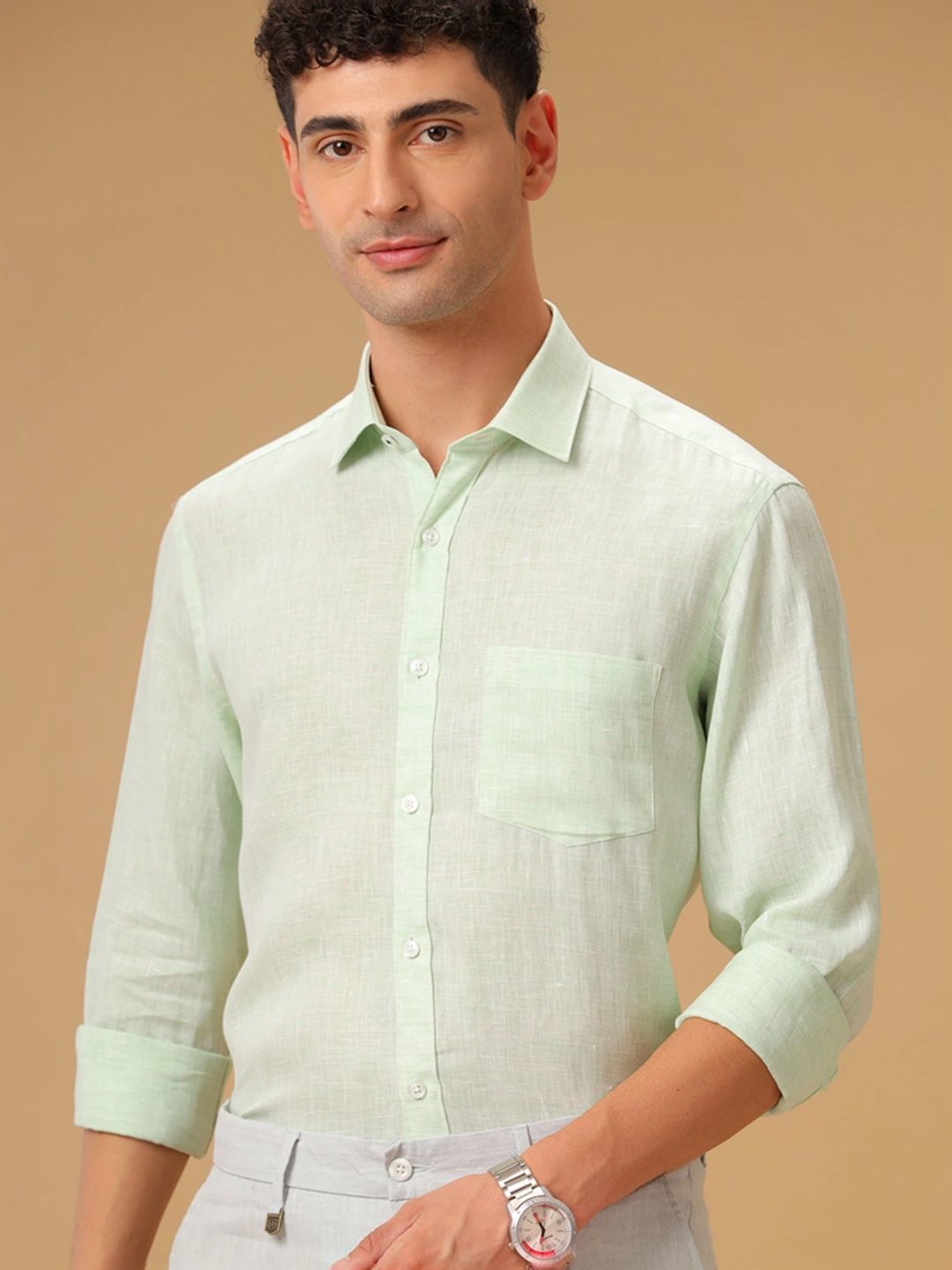 Linen Club Green Linen Contemporary Fit Texture Shirt