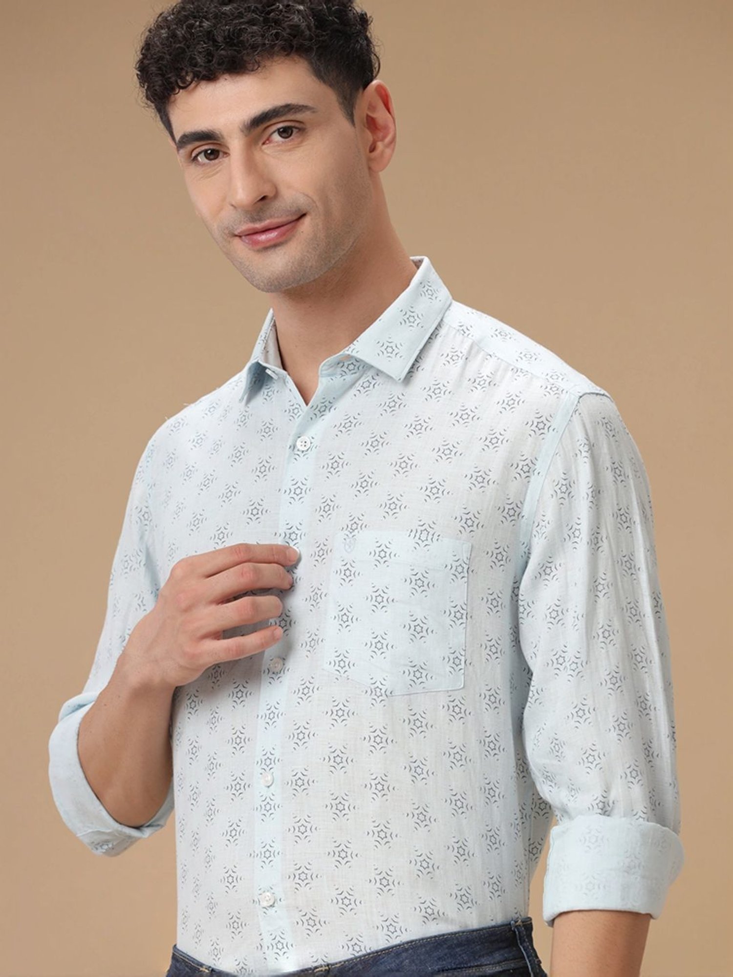 Linen Club Blue Linen Contemporary Fit Printed Shirt