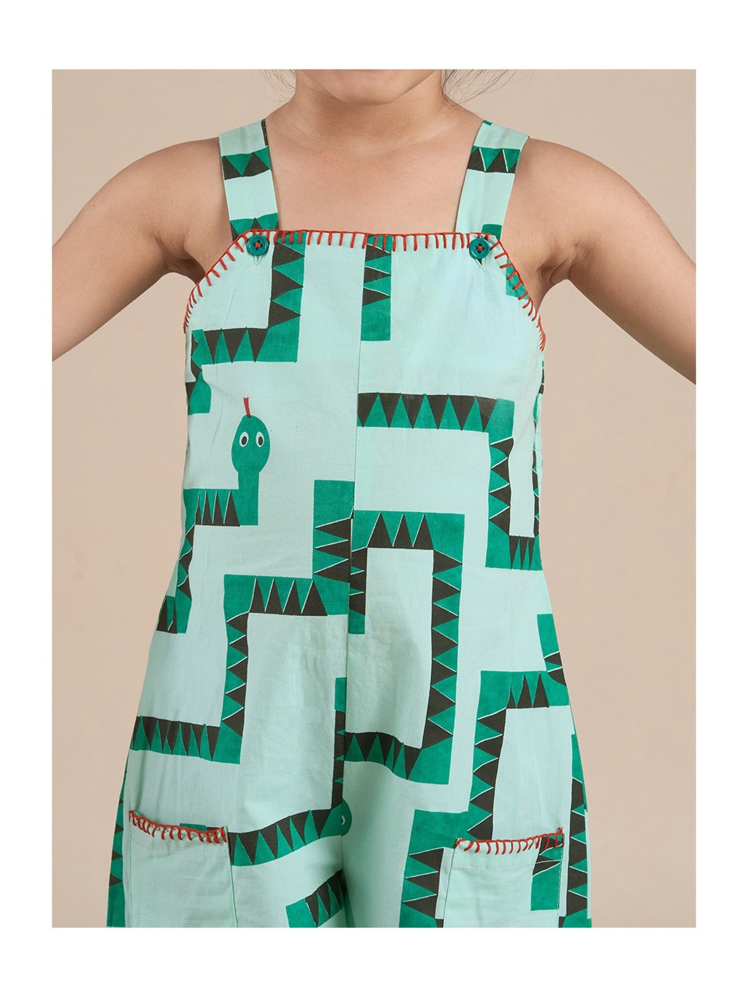 Lil Drama Kids Green Printed Jumpsuit