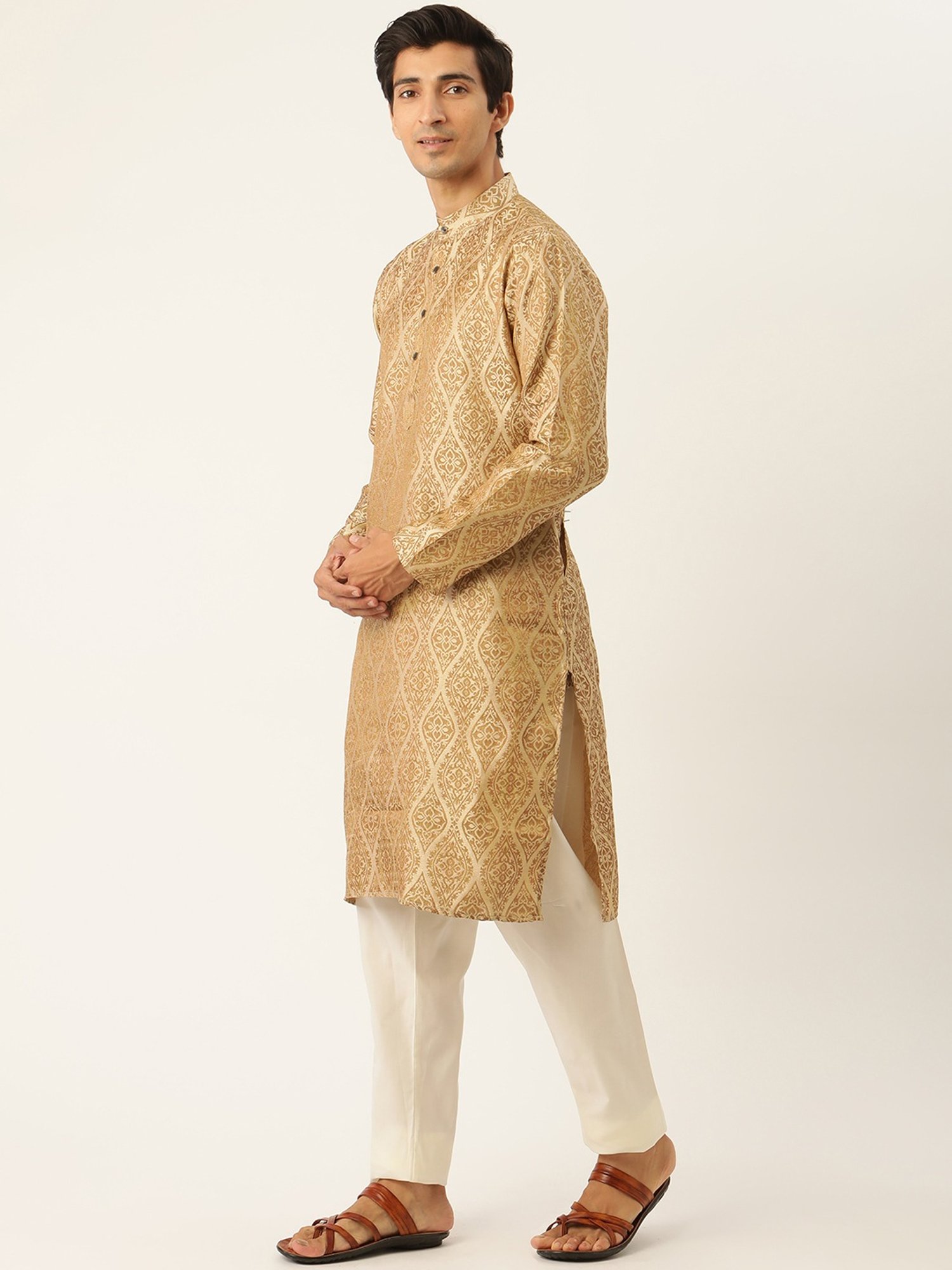Sojanya Beige Regular Fit Self Pattern Kurta Set With Jacket