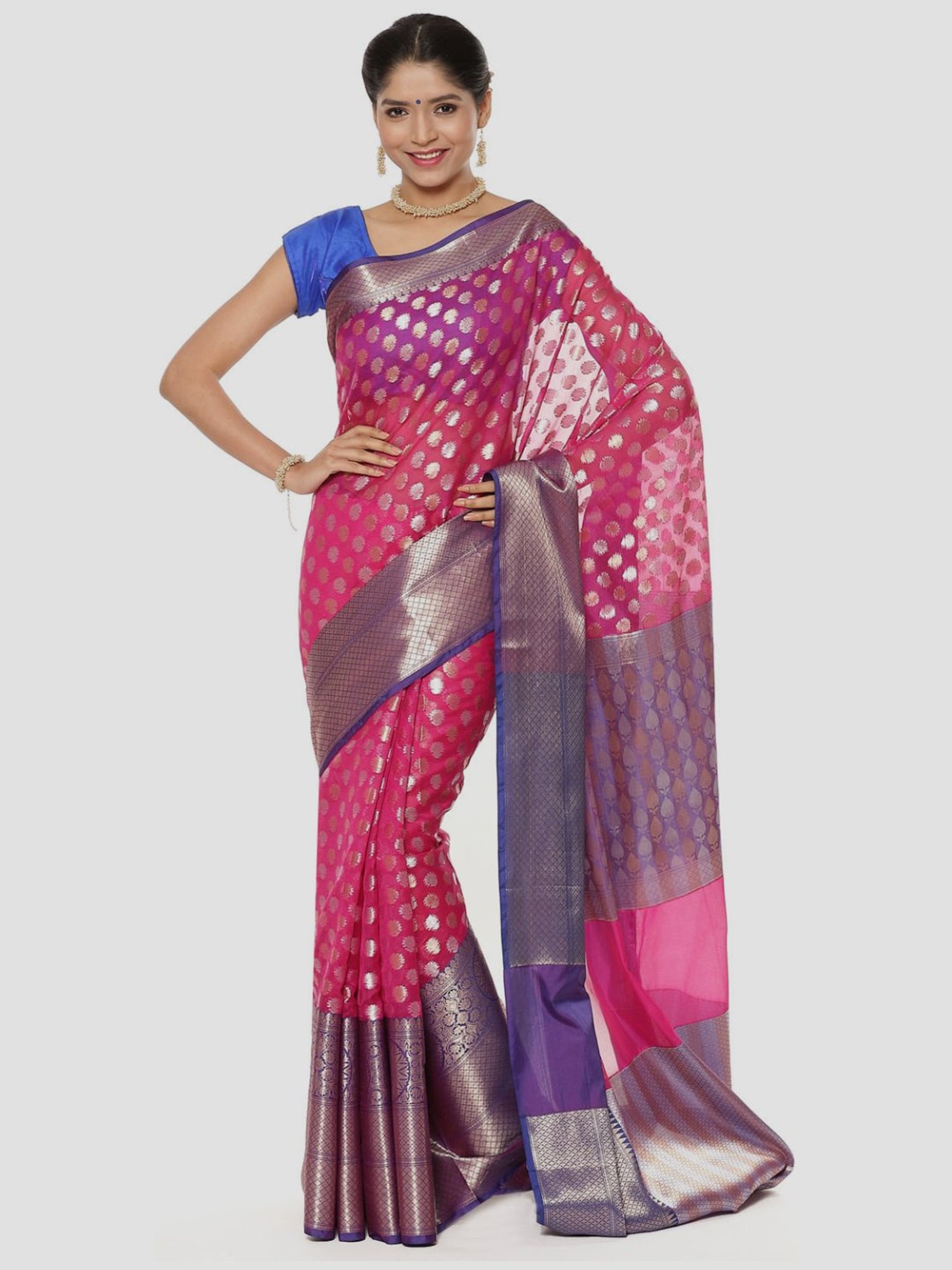 Banarasi Silk Works Pink Woven Saree With Unstitched Blouse