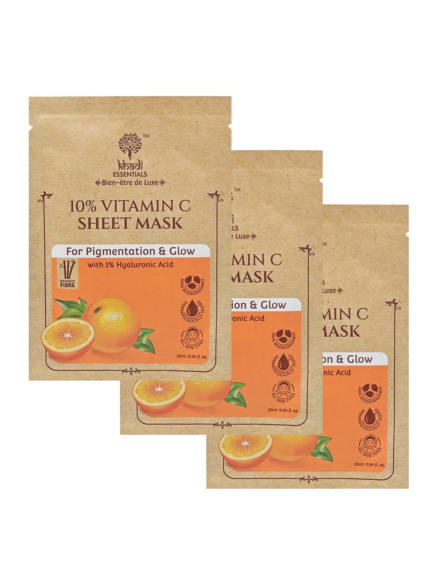 Khadi Essentials 10% Vitamin C Serum Sheet Mask with 1% HA for Pigmentation & Glow - Pack of 3