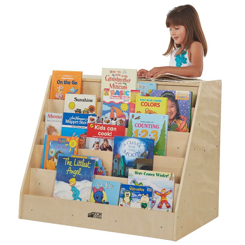 ECR4Kids Birch Book Display Stand with Storage, Wood Shelf Organizer, 5 Shelves & 2 Compartments