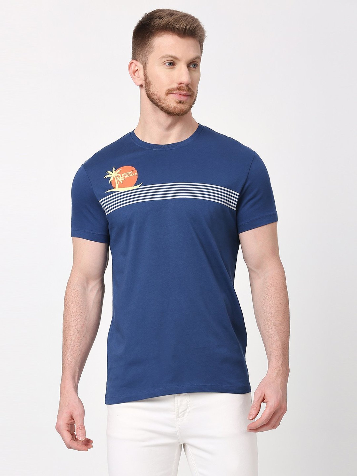 Being Human Dark Blue Regular Fit Printed T-Shirt