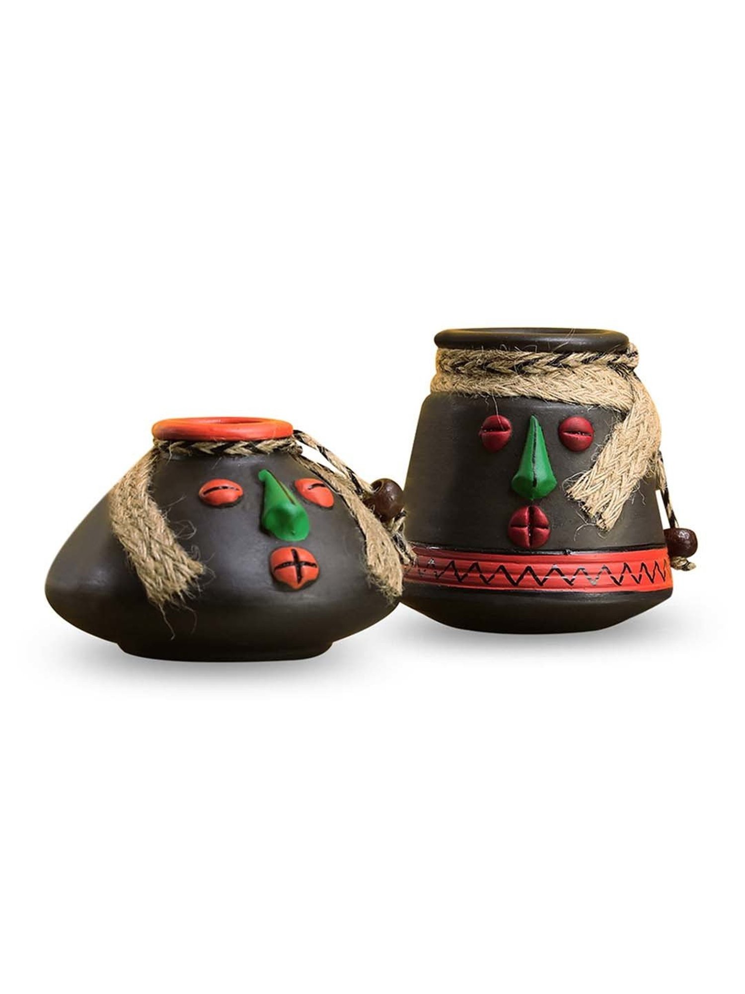 ExclusiveLane Tribal Rustic Pot-Faces In Terracotta With Jute Detailing Pots Showpieces (Set Of 2)