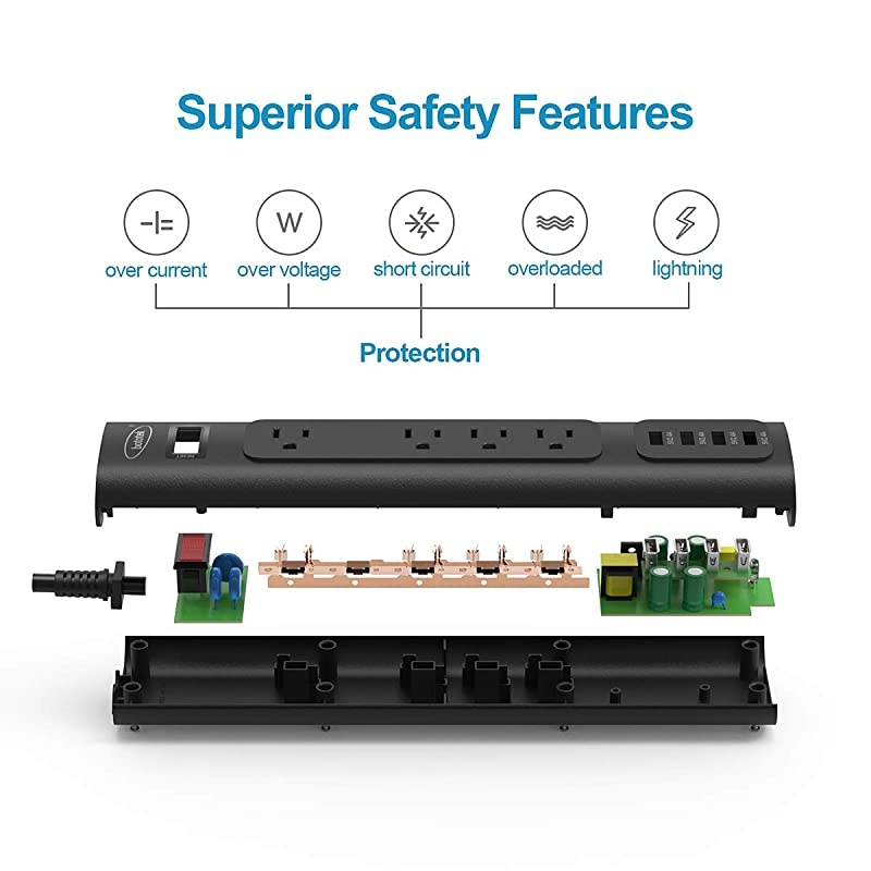 Power Strip Surge Protector with 4 AC Outlets and 4 USB Charging Ports 6 Feet Long Extension Cord for Smartphone Tablets HomeOffice Hotel Black