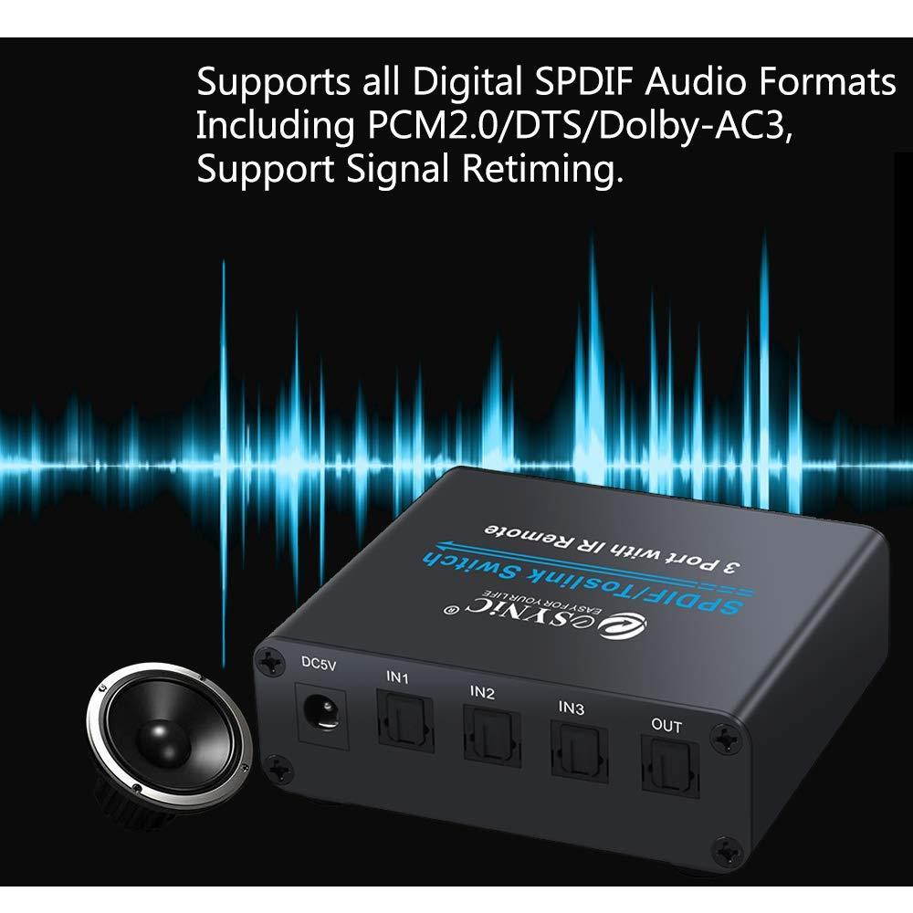 ESYNIC 3 Port Toslink Switch Digital Optical Audio Switcher 3X1 with IR Remote Control Aluminum Alloy SPDIF Switcher 3 In 1 Out with 6.6ft Optical Cable Supports PCM2.0 5.1CH DTS Dolby-AC3