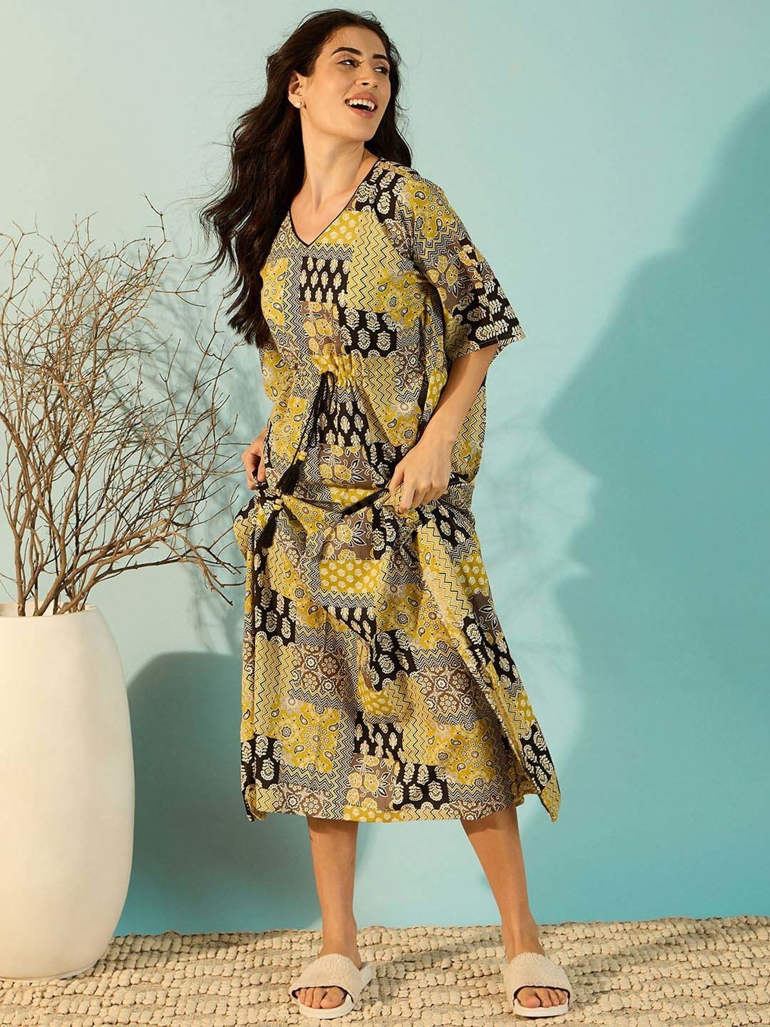 The Kaftan Company Yellow Cotton Printed Kaftan