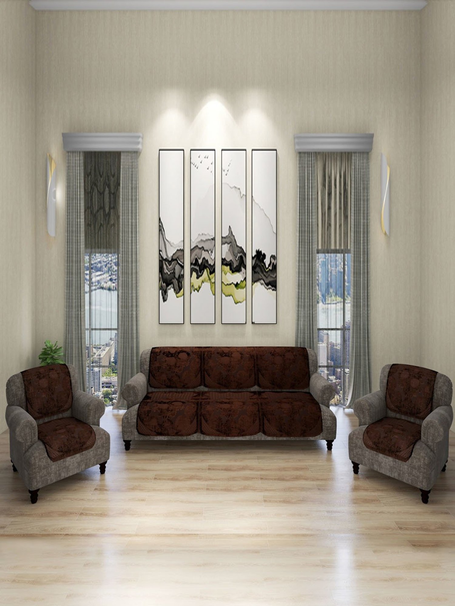 Romee Coffee Brown Polyester Floral Sofa Covers