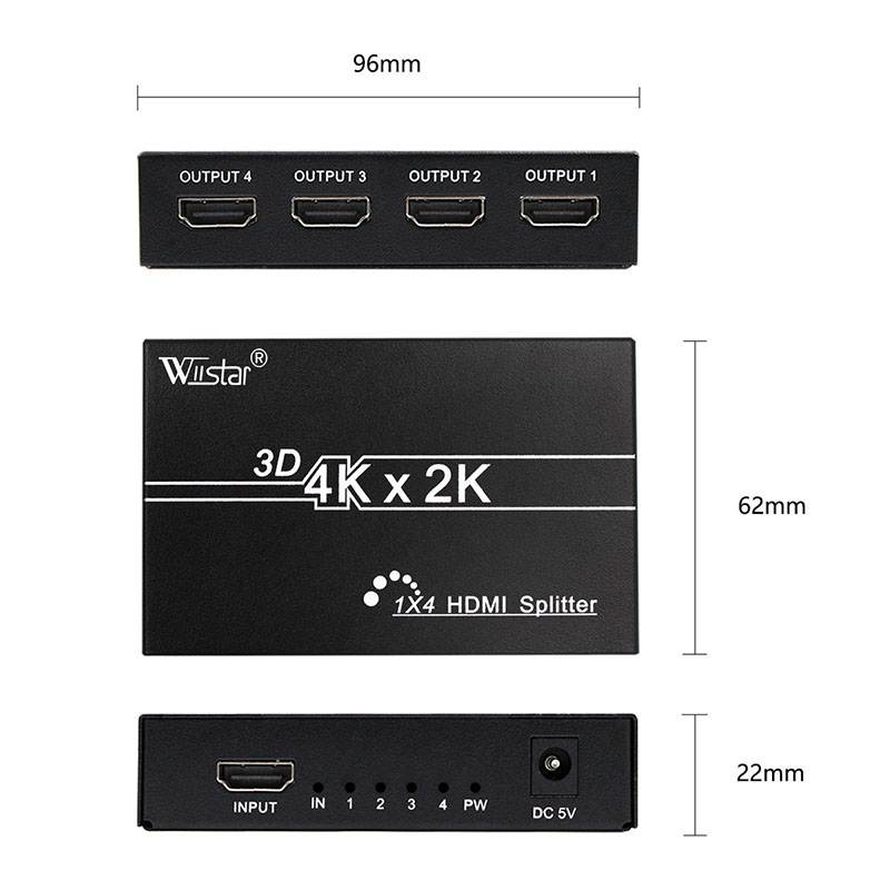 4 Port HDMI Splitter 1X4 Support 1.4 3D Full HD 1080p Video HDMI 1 in 4 out Display for DVD PS3 PC to Monitor HDTV Projector