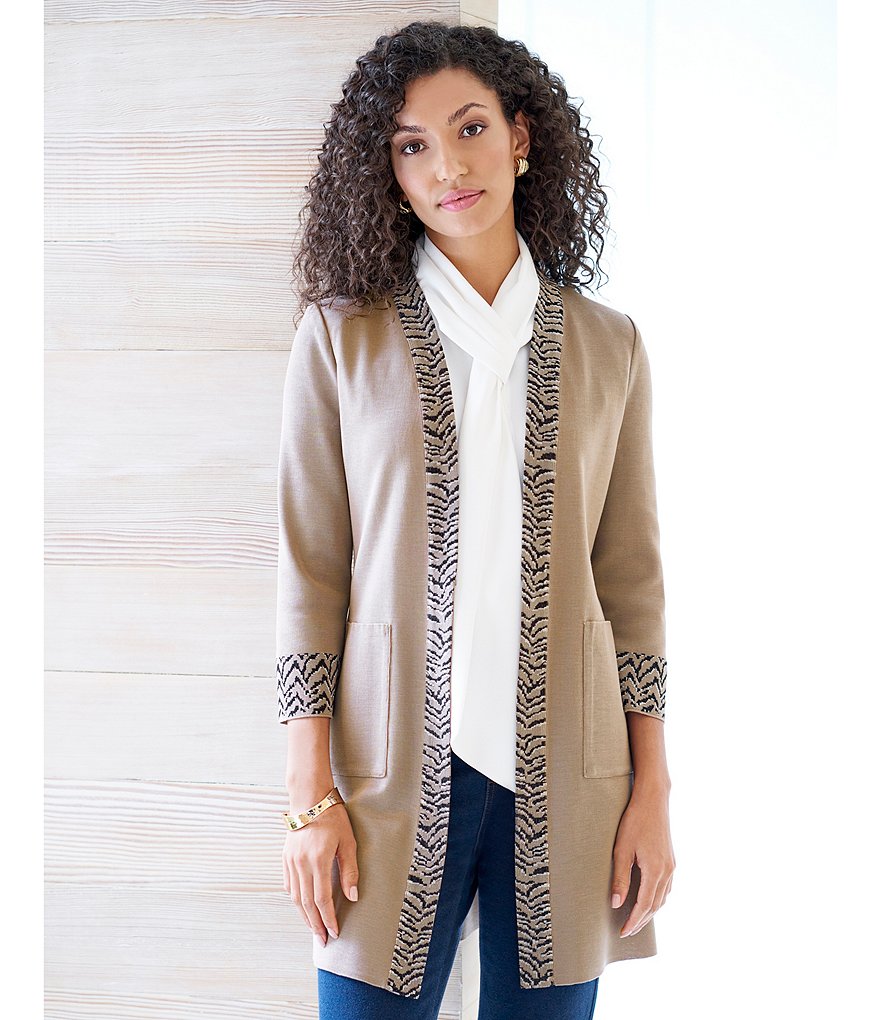 Ming Wang Animal Jacquard Trim Long Knit Jacket