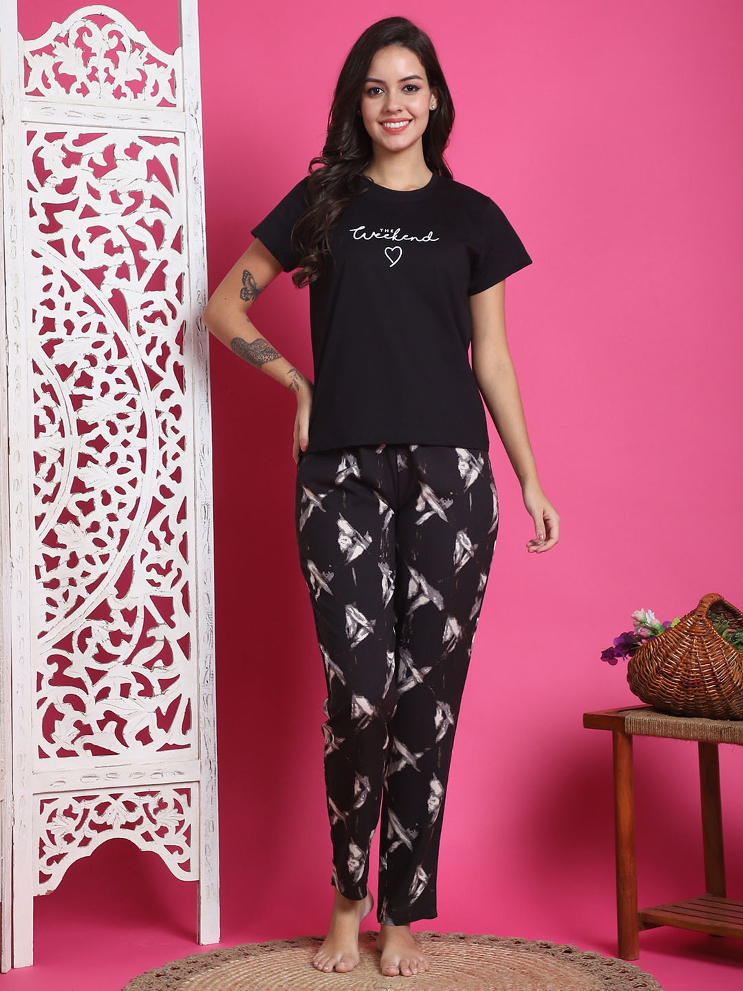 Boston Club Black Printed Top With Pyjamas