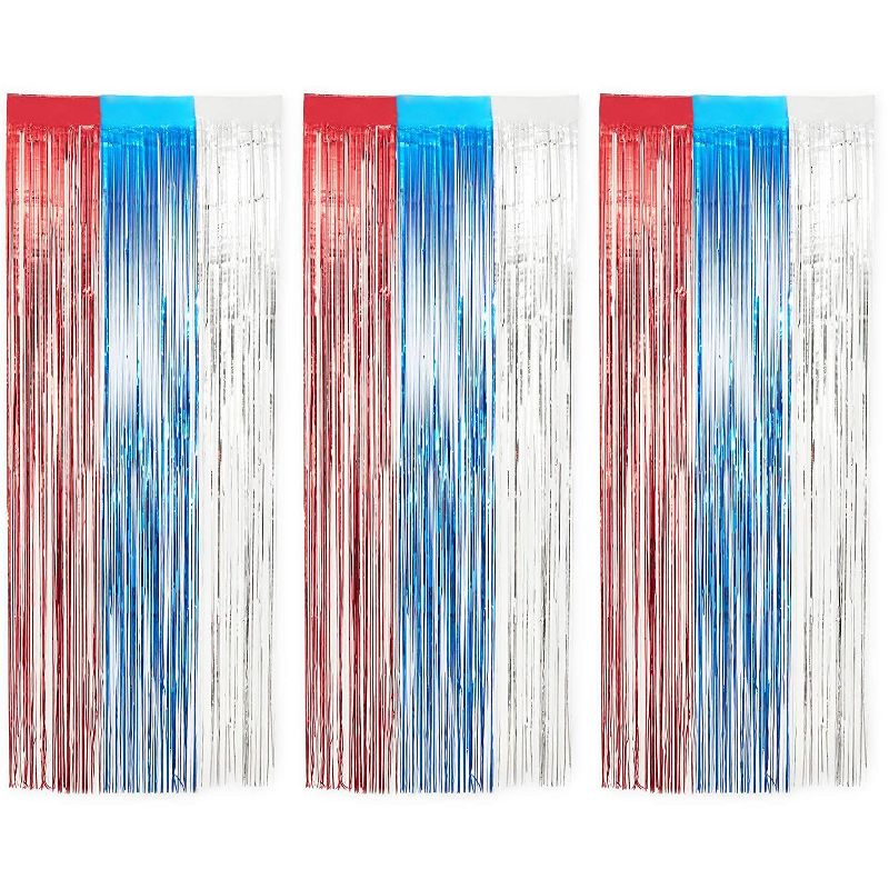 Blue Panda 3 Pack Metallic Tinsel Foil Fringe, Patriotic Wall Decor Party Decorations for 4th of July