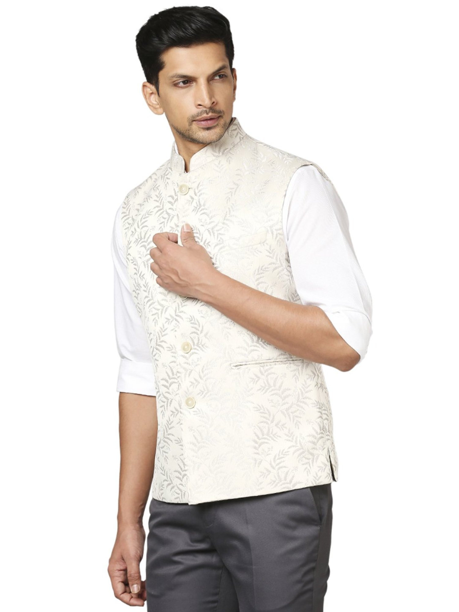Raymond Beige Regular Fit Self Pattern Nehru Jacket
