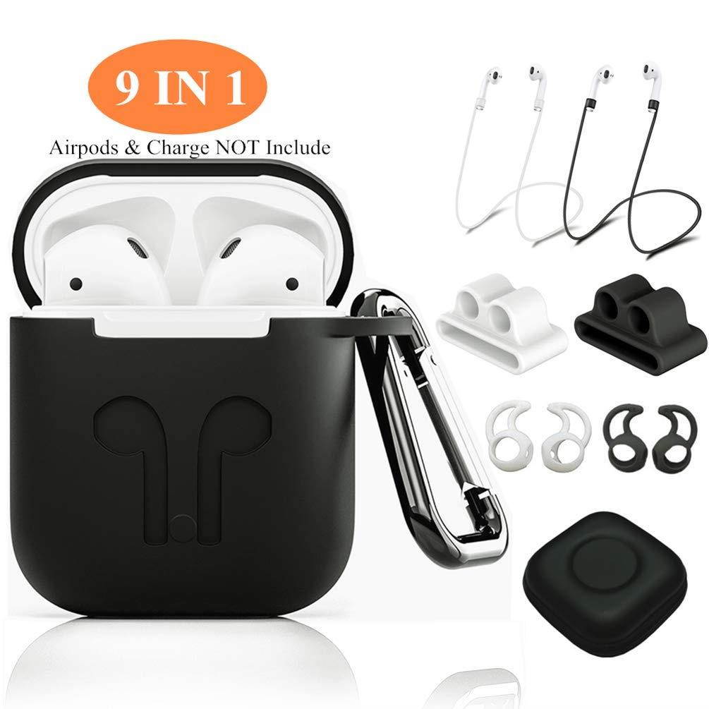 AirPods Case Cover,ZROSIN 9 in 1 Case Airpods Accessories Kits Protective Silicone Skin Compatible for Apple Earpods with Airpods Watch Band Holder/Ear Hook/Anti-Lost Stap/Clip /Keychain/Grip-Black