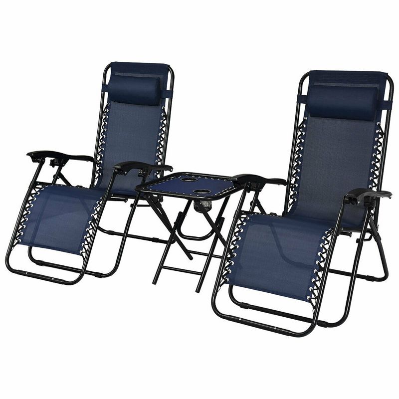 Costway 3PCS Zero Gravity Recliner Lounge Chairs Pillows Table Portable Folding Navy