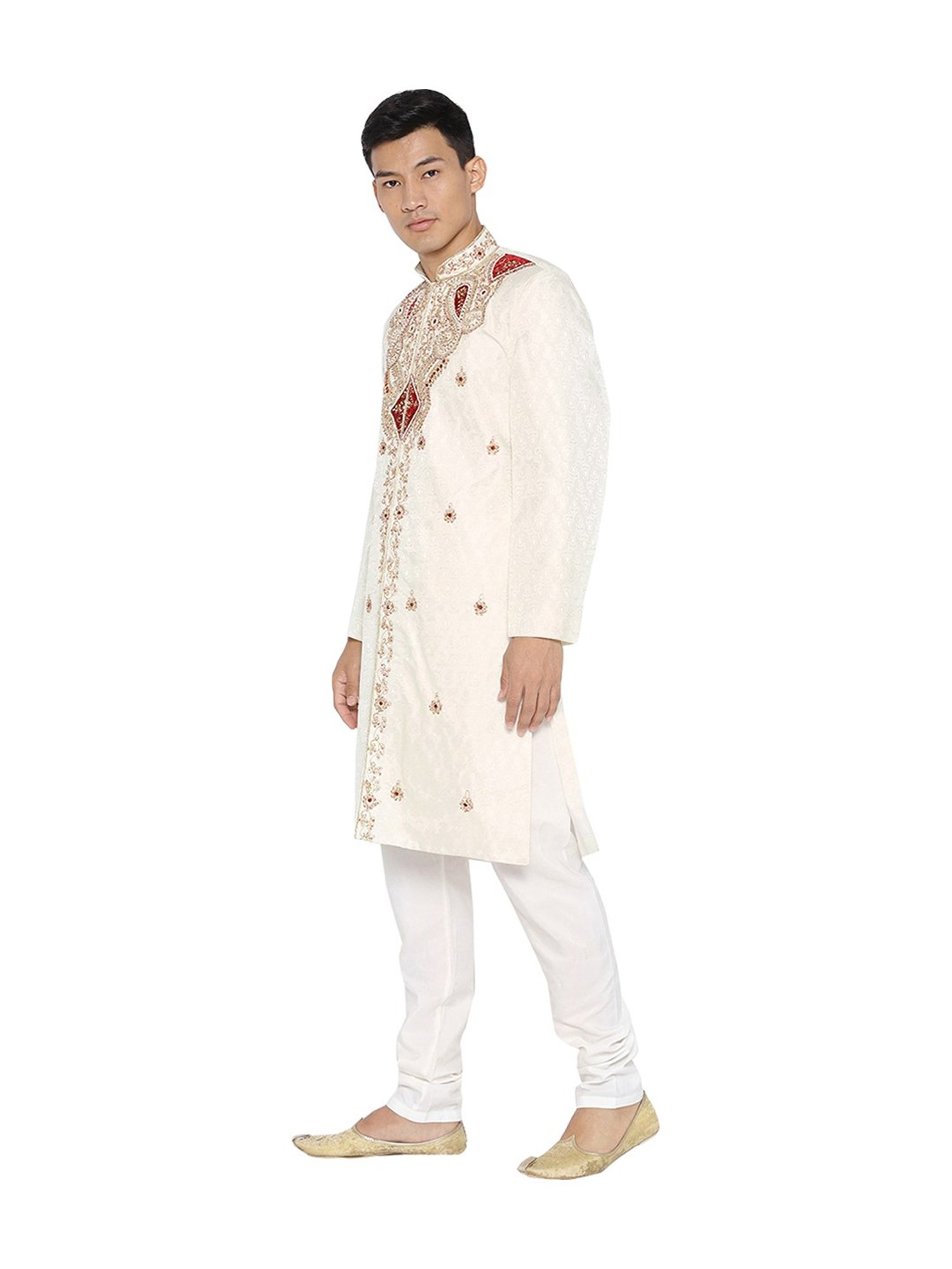 SG LEMAN Cream Regular Fit Embroidered Sherwani Set