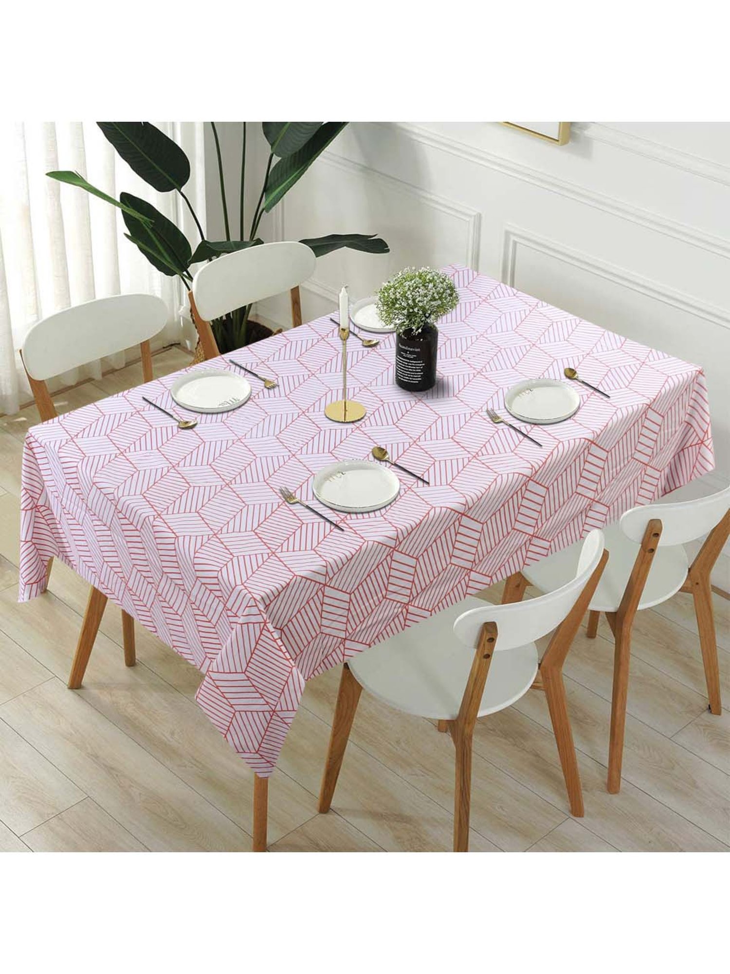MODERN HOMES Pink & White Geometric 300 TC Table Cloth - Set of 1