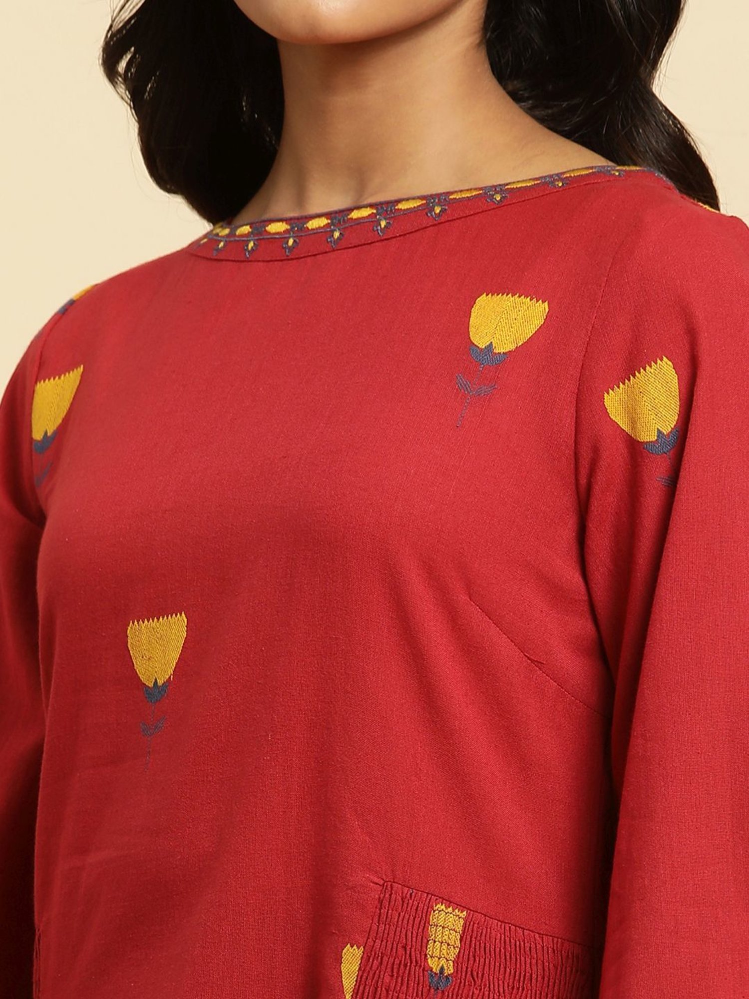 W Red Cotton Embroidered Top