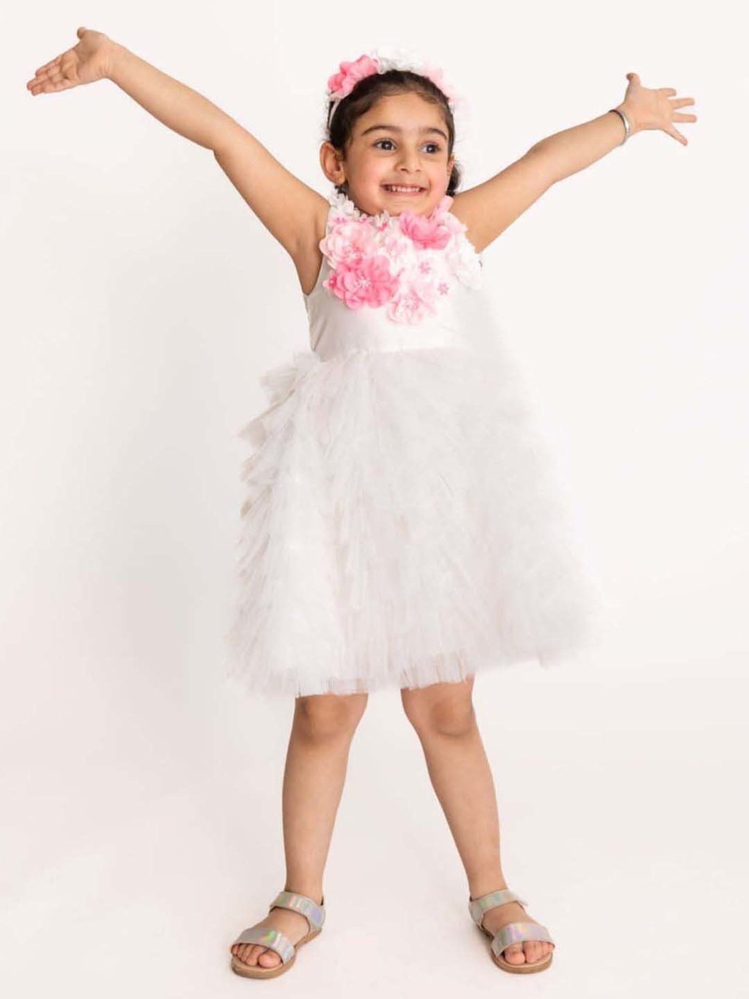 A Little Fable White & Pink Applique Dress