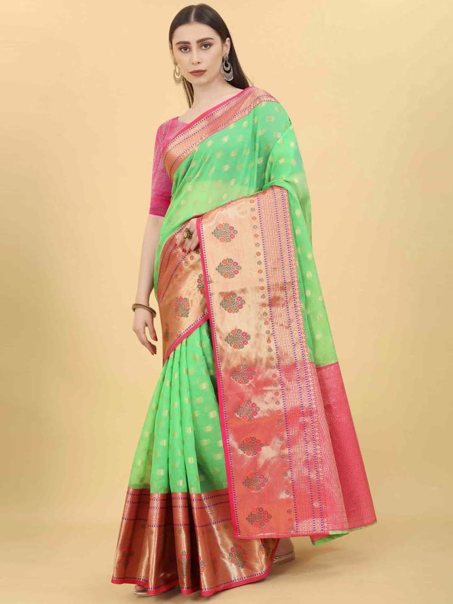 Silk Land Green Silk Woven Saree With Unstitched Blouse