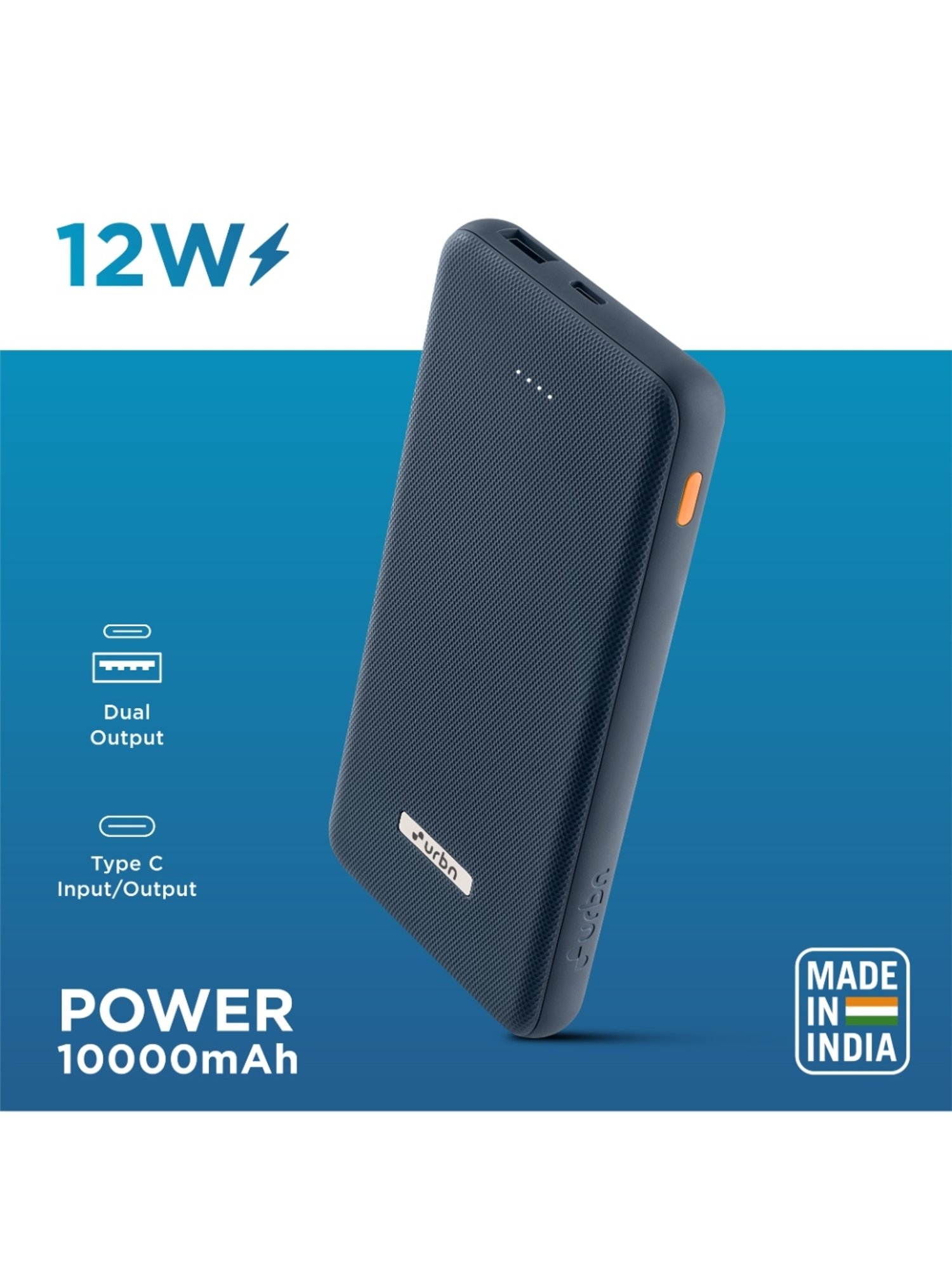 URBN 10000 mAh Ultra Slim 12W Power Bank with Type C Input-Output (Blue)