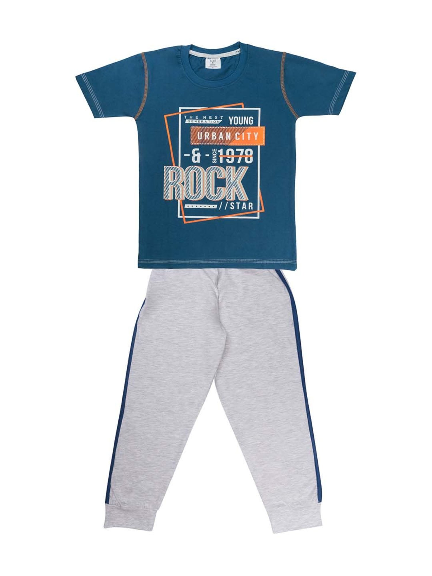 Todd N Teen Kids Olive Green & Blue Cotton Printed T-Shirt & Pants - Pack of 2