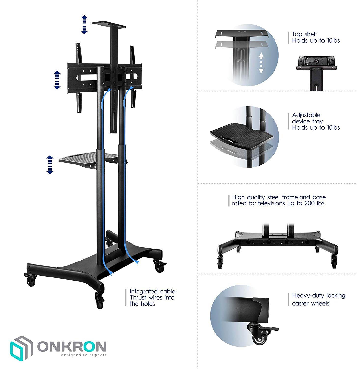 ONKRON Mobile TV Stand with Wheels Rolling TV Cart for 55 to 80 Inch LCD LED Flat Panel TVs (TS1881)