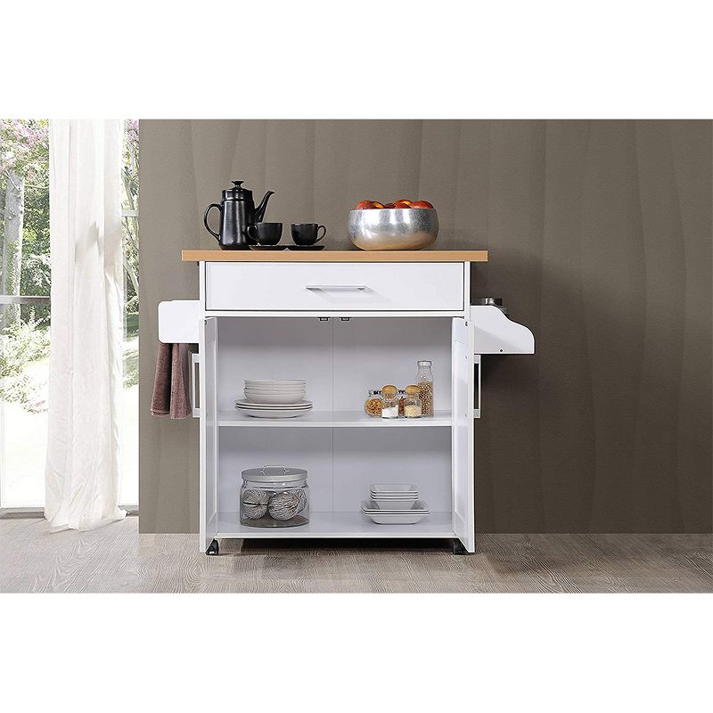 Hodedah Wheeled Kitchen Island with Spice Rack and Towel Holder, White/Beech